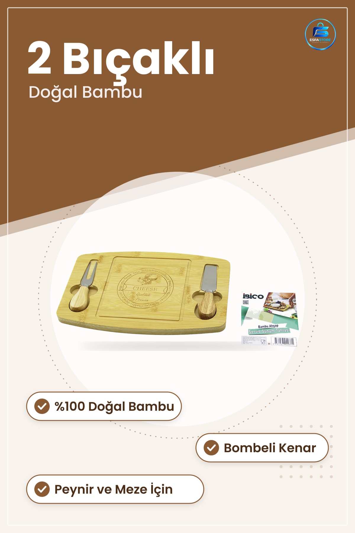Bambu Servis Sunum Tahtası Peynir 2 Bıçaklı Bombeli Kenarlı Kahvaltı Meze Atpıştırmalık Tepsisi