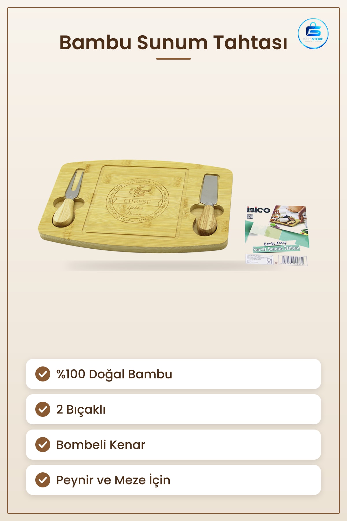 Bambu Servis Sunum Tahtası Peynir 2 Bıçaklı Bombeli Kenarlı Kahvaltı Meze Atpıştırmalık Tepsisi