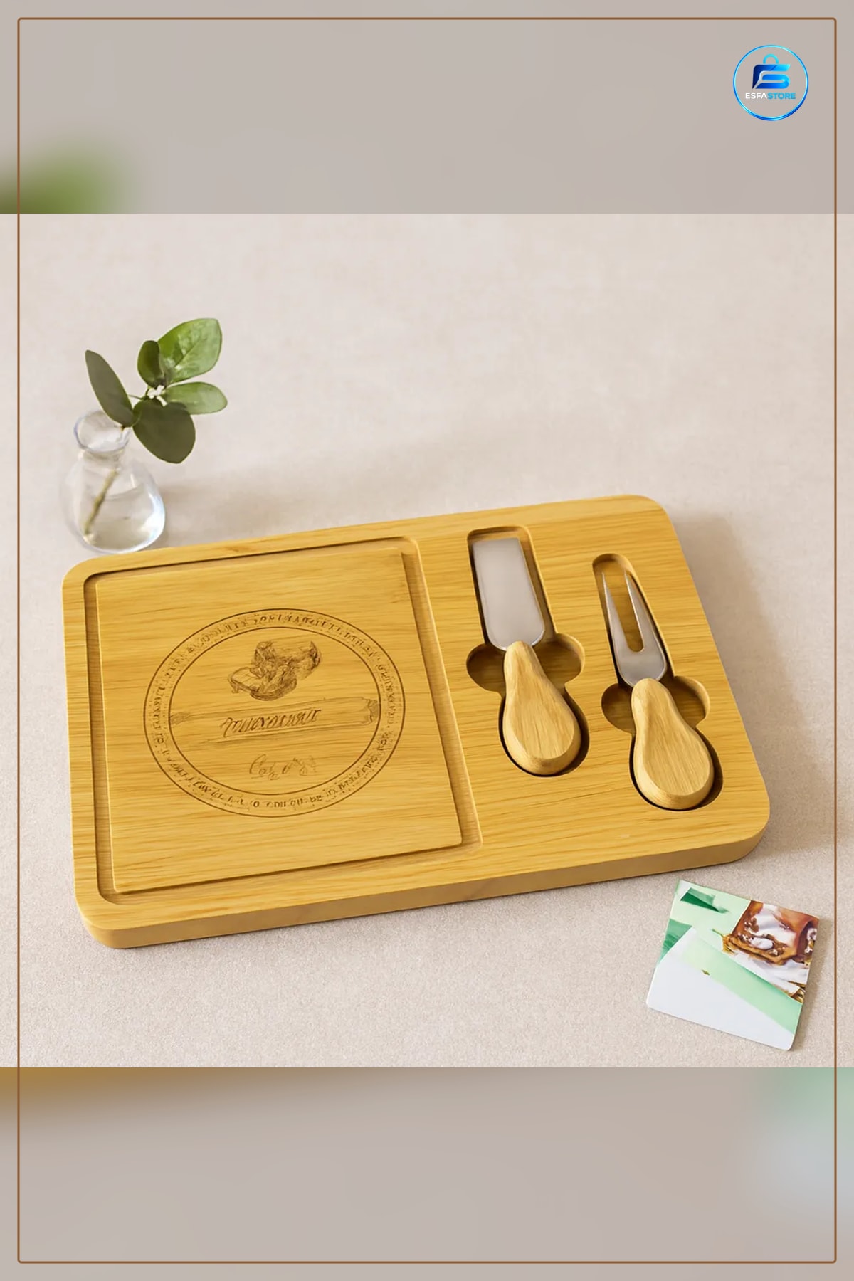 Bambu Kesme Tahtası Peynir Sunum Panosu 19x29 cm Ahşap Saplı Bıçaklı Mutfak Servis Tabağı