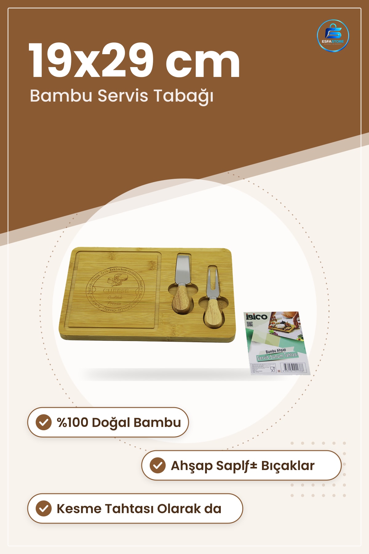 Bambu Kesme Tahtası Peynir Sunum Panosu 19x29 cm Ahşap Saplı Bıçaklı Mutfak Servis Tabağı