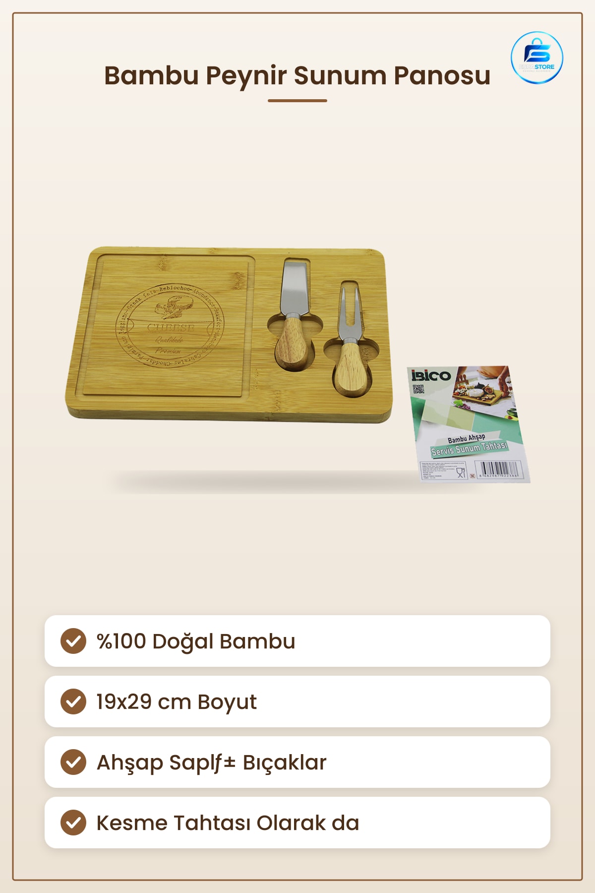 Bambu Kesme Tahtası Peynir Sunum Panosu 19x29 cm Ahşap Saplı Bıçaklı Mutfak Servis Tabağı