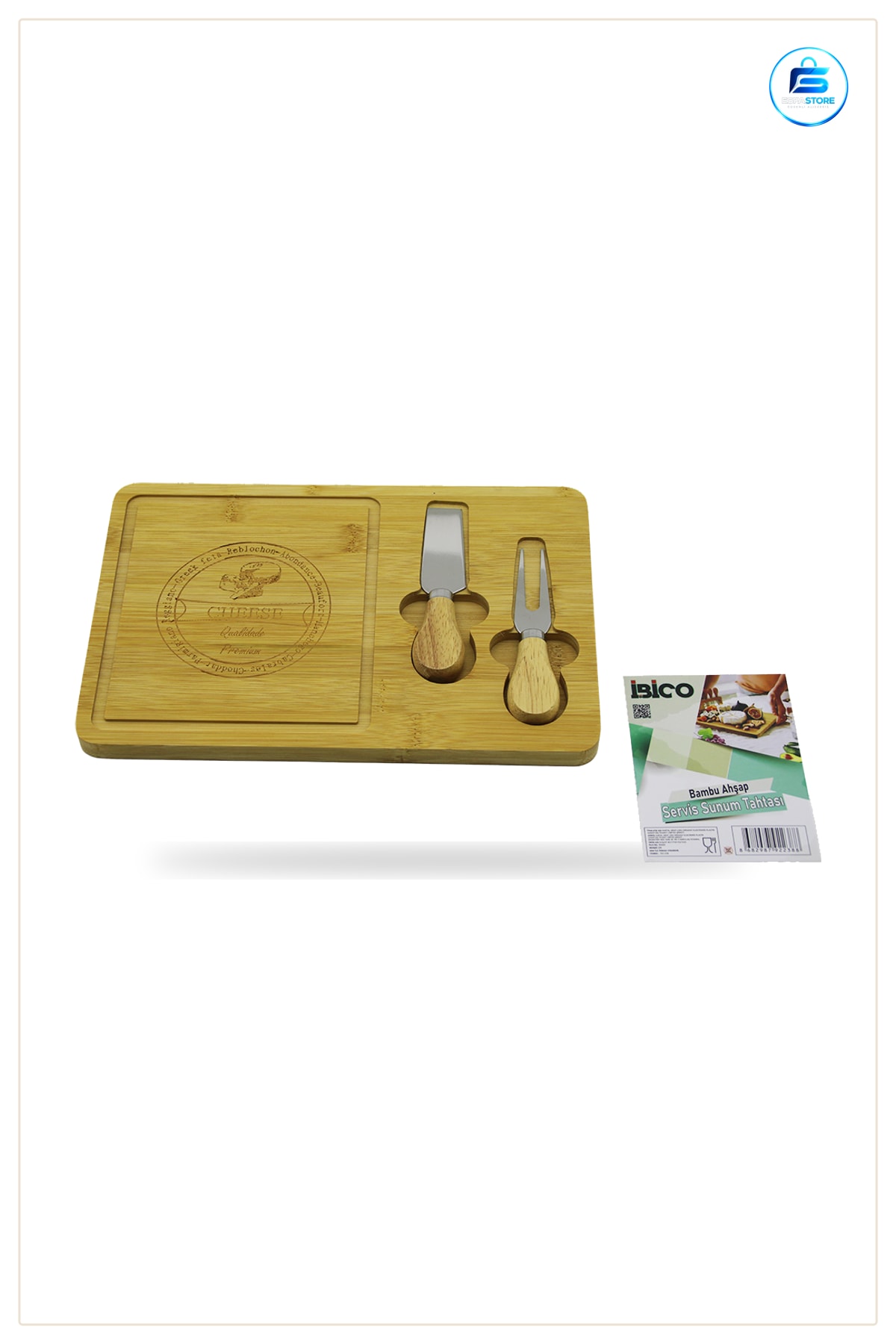 Bambu Kesme Tahtası Peynir Sunum Panosu 19x29 cm Ahşap Saplı Bıçaklı Mutfak Servis Tabağı