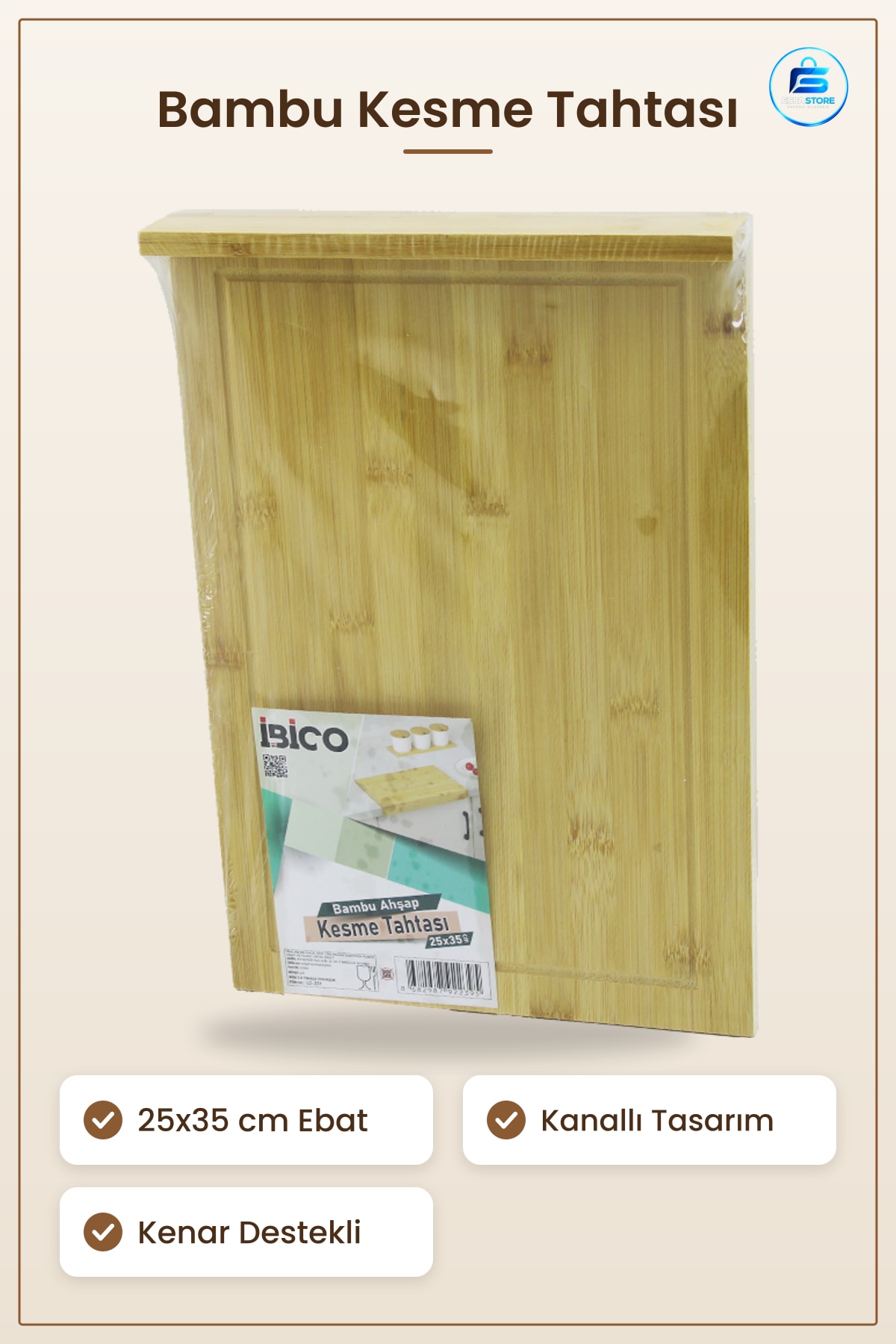 Bambu Kesme Tahtası 25x35 cm Kanallı Kenar Destekli Mutfak Et Sebze Ekmek Kesim Tabanı Doğal Ahşap