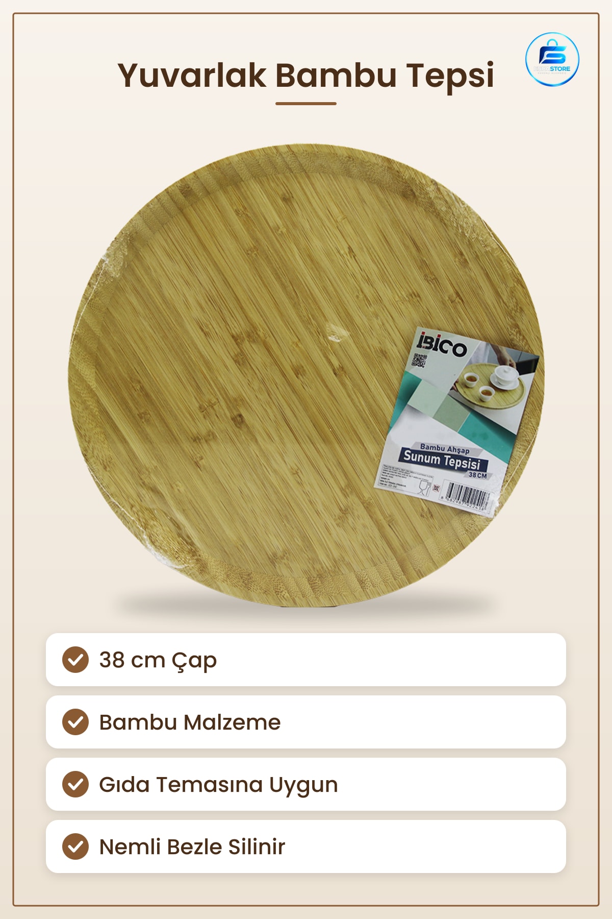 Tepsi Yuvarlak Bambu Servis Sunum Tahtası 38 cm Peynir Attıştırmalık Kahvaltı Kafe