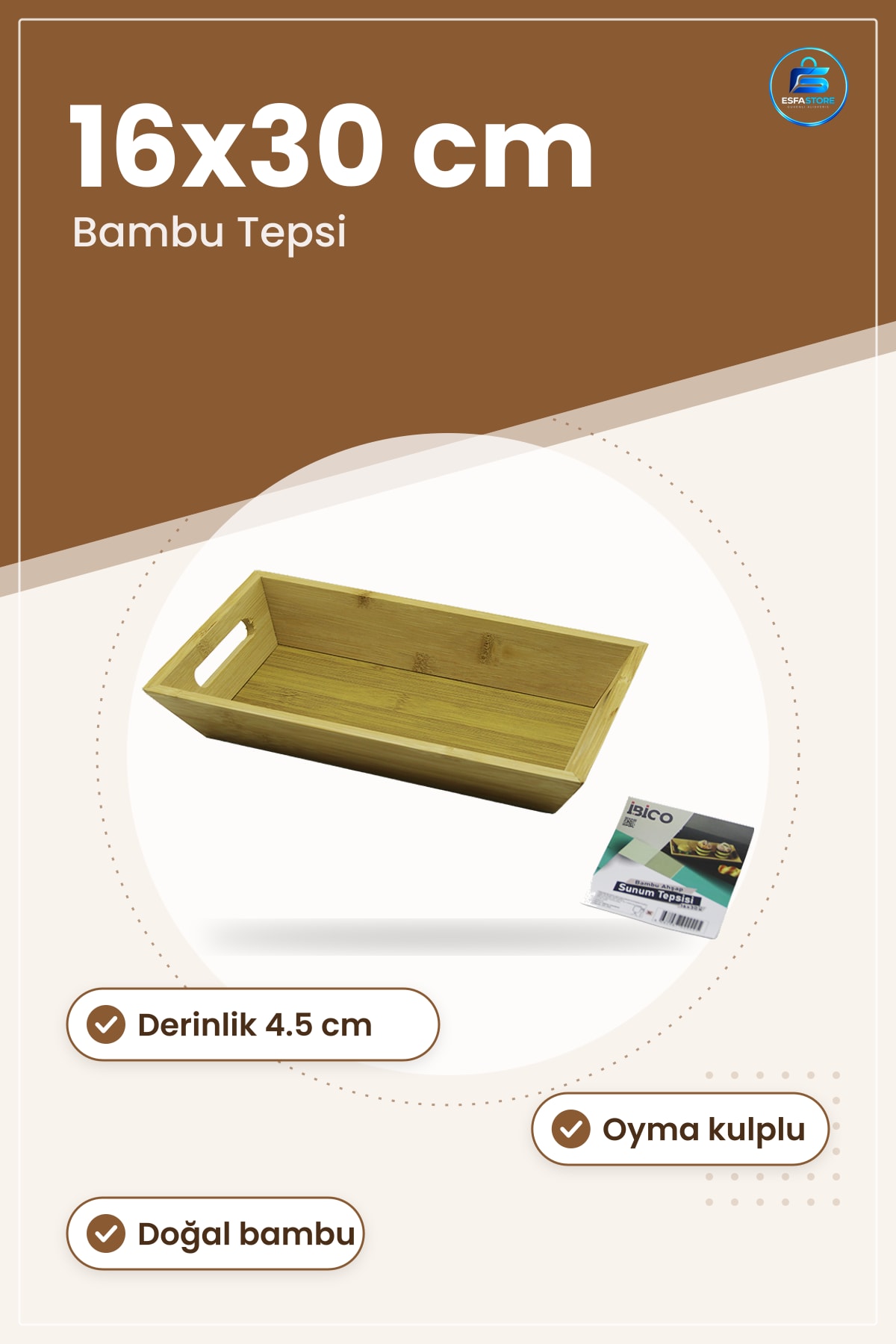 Bambu Dikdörtgen Sunum Tepsisi 16x30x4.5 cm Kulplu Kahvaltı Servis Mutfak Ev Sofra Ahşap