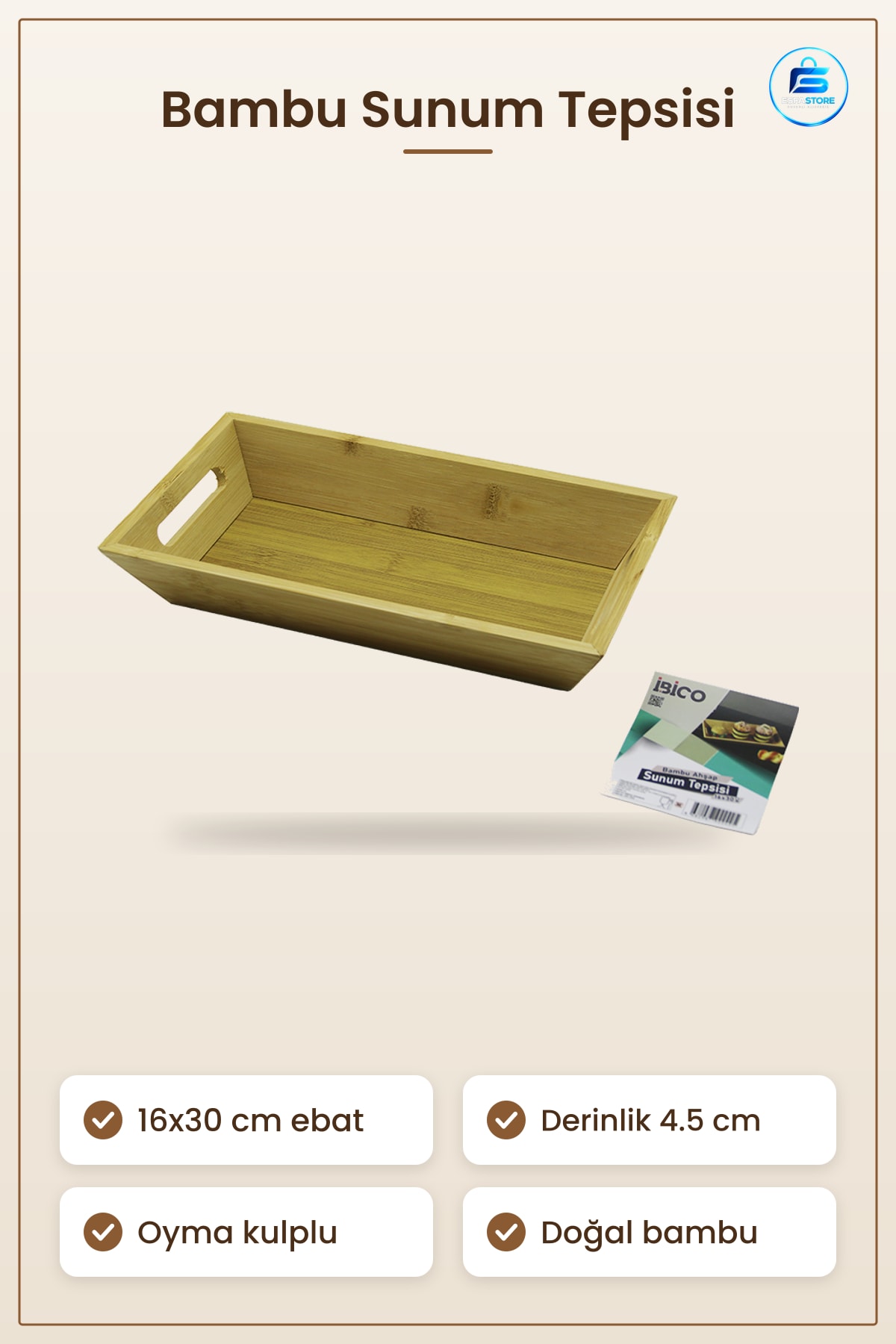 Bambu Dikdörtgen Sunum Tepsisi 16x30x4.5 cm Kulplu Kahvaltı Servis Mutfak Ev Sofra Ahşap