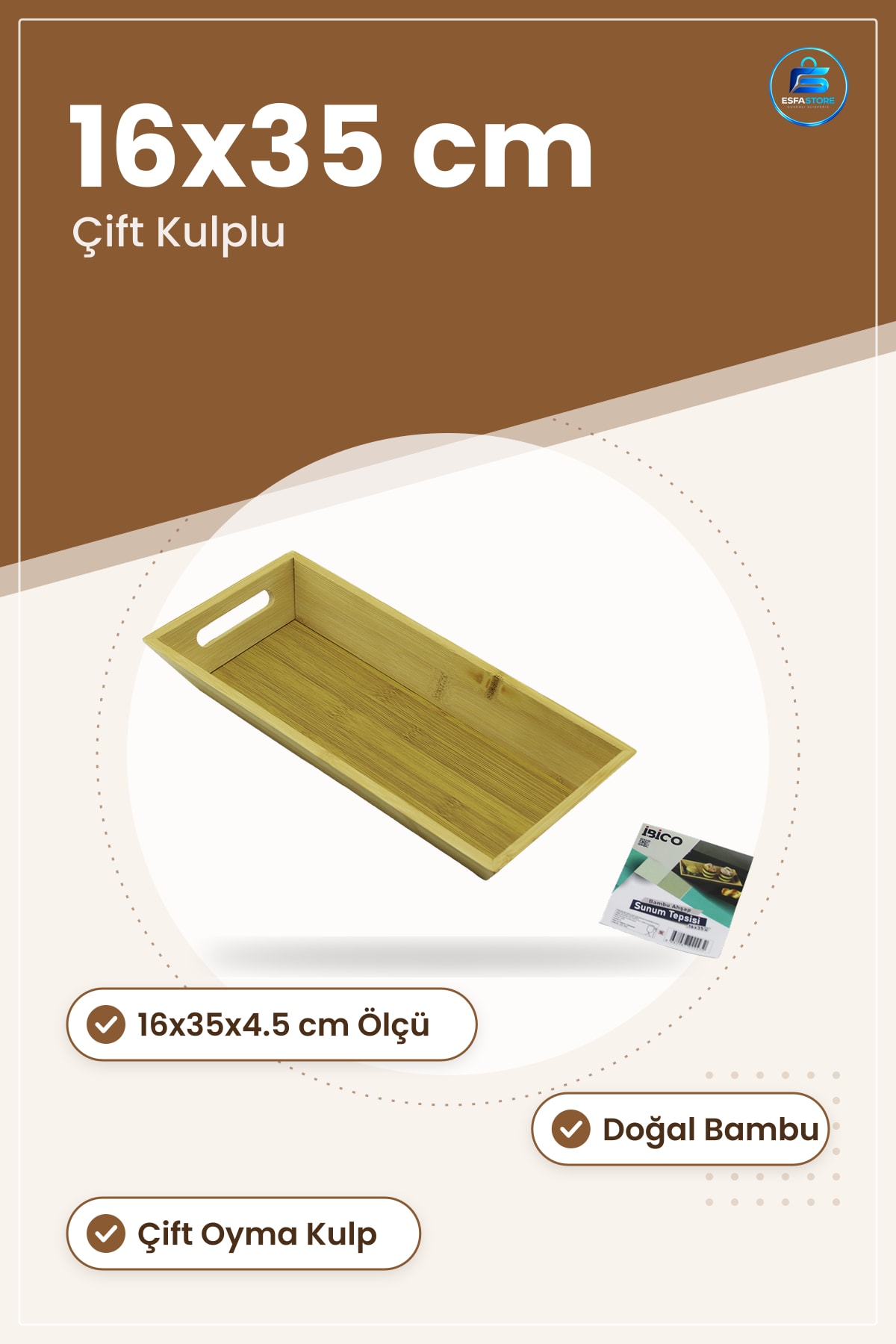 Tepsi Doğal Bambu Sunum 16x35x4.5 cm Çift Kulplu Kafe Restoran Ev Servisi Aperatif