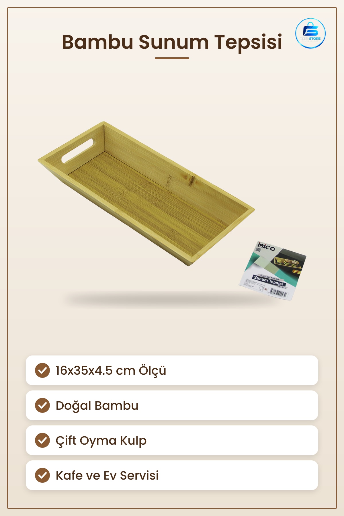 Tepsi Doğal Bambu Sunum 16x35x4.5 cm Çift Kulplu Kafe Restoran Ev Servisi Aperatif