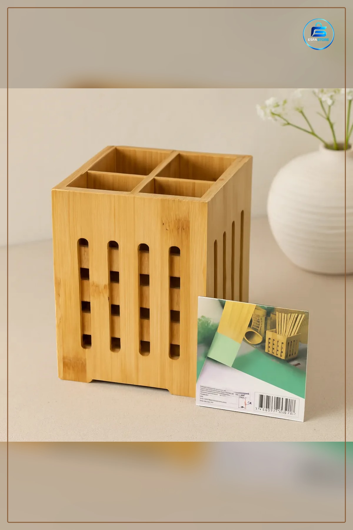 Bambu Kaşıklık Organizer 4 Bölmeli 11x11 cm Pencereli Doğal Ahşap Mutfak Çatal Bıçak Düzenleyici