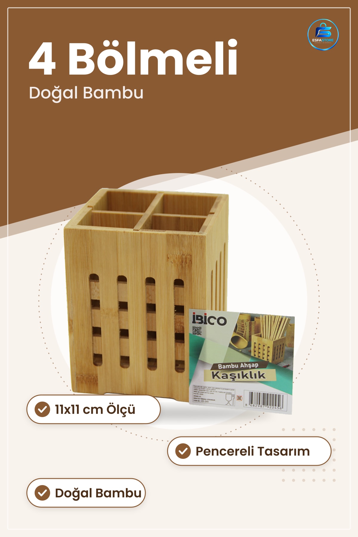 Bambu Kaşıklık Organizer 4 Bölmeli 11x11 cm Pencereli Doğal Ahşap Mutfak Çatal Bıçak Düzenleyici