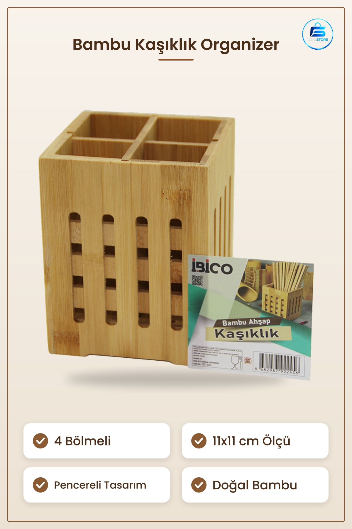 Bambu Kaşıklık Organizer 4 Bölmeli 11x11 cm Pencereli Doğal Ahşap Mutfak Çatal Bıçak Düzenleyici