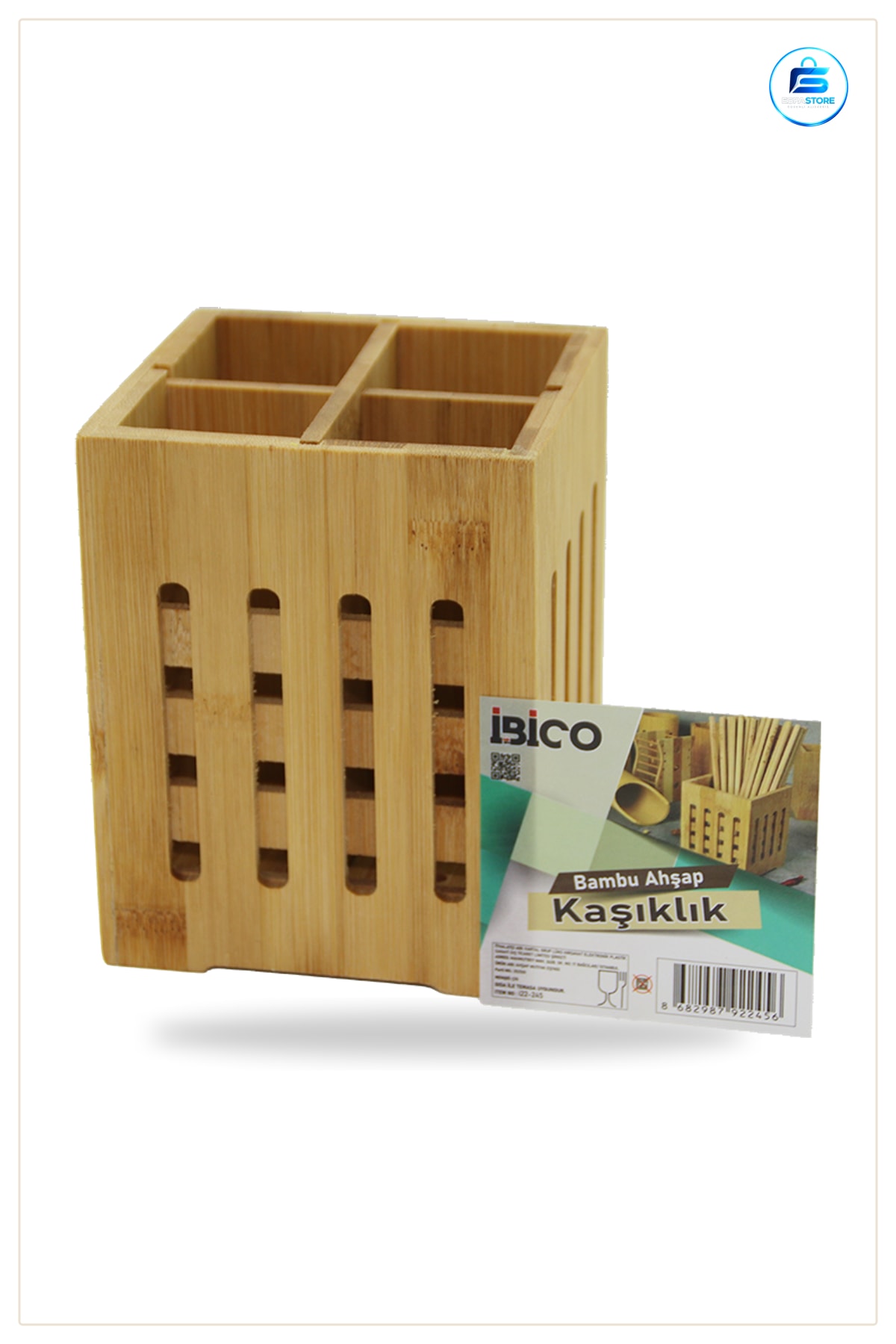 Bambu Kaşıklık Organizer 4 Bölmeli 11x11 cm Pencereli Doğal Ahşap Mutfak Çatal Bıçak Düzenleyici