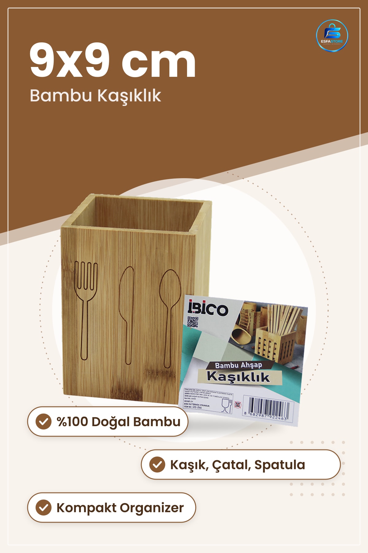 Bambu Ahşap Kaşıklık Mutfak Düzenleyici Organizer 9x9 cm Kaşık Çatal Spatula Depolama