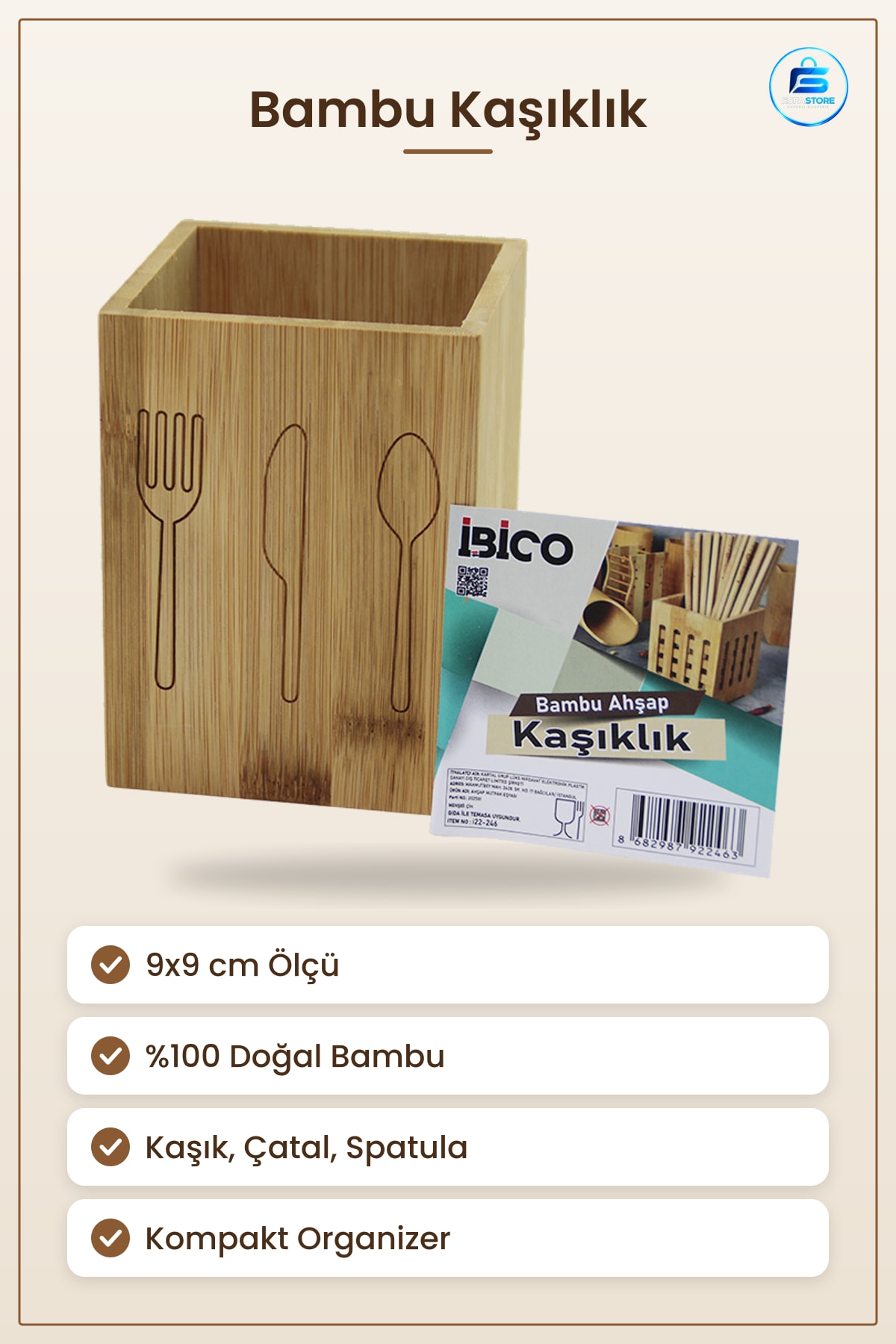 Bambu Ahşap Kaşıklık Mutfak Düzenleyici Organizer 9x9 cm Kaşık Çatal Spatula Depolama
