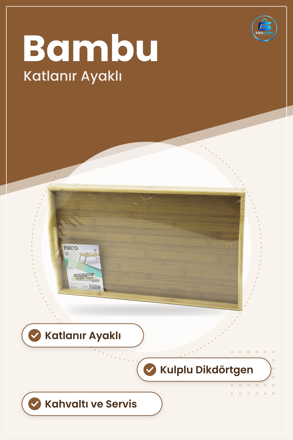Bambu Ahşap Katlanır Ayaklı Sunum Tepsisi Kulplu Dikdörtgen Kahvaltı Çay Kahve Servis