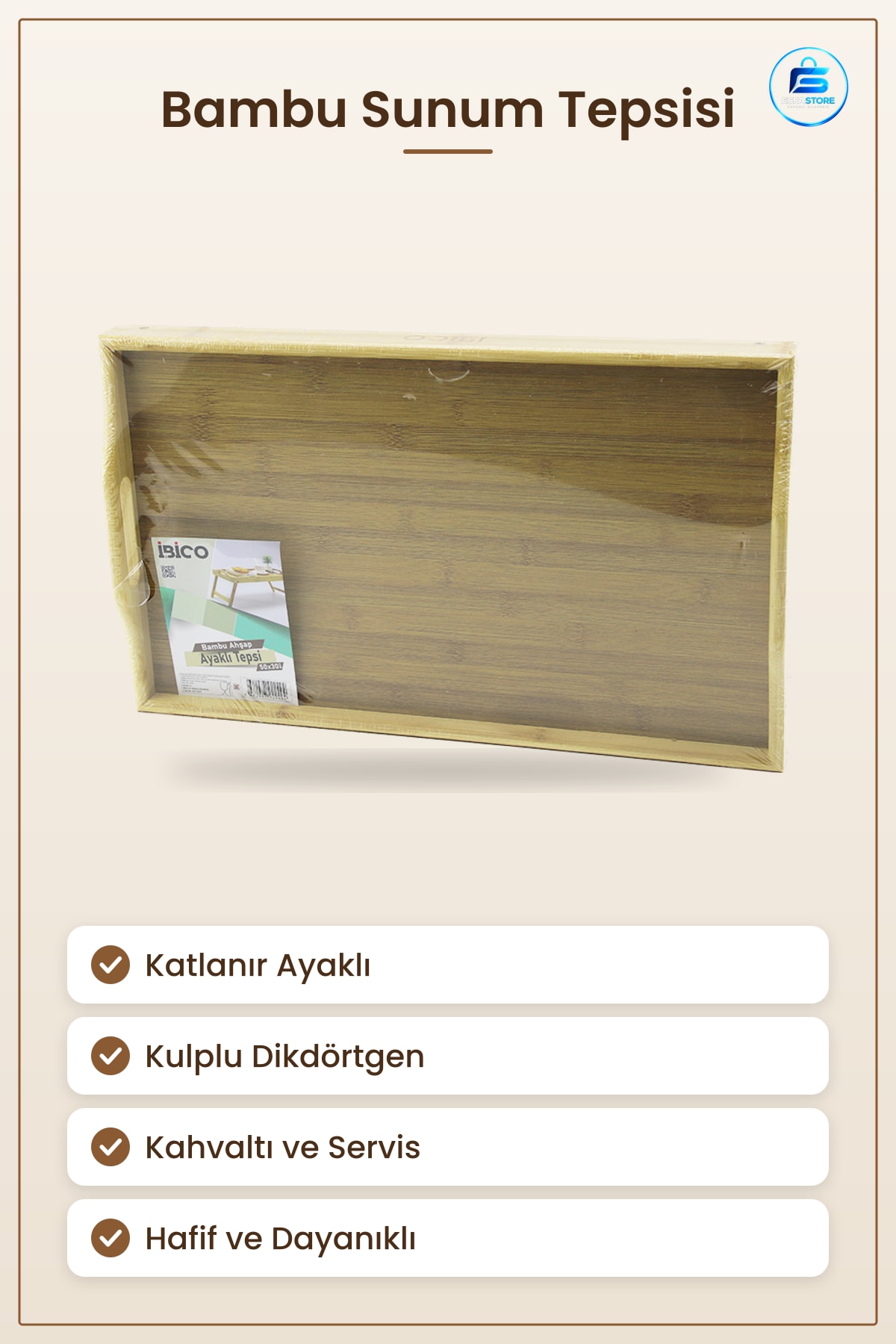 Bambu Ahşap Katlanır Ayaklı Sunum Tepsisi Kulplu Dikdörtgen Kahvaltı Çay Kahve Servis