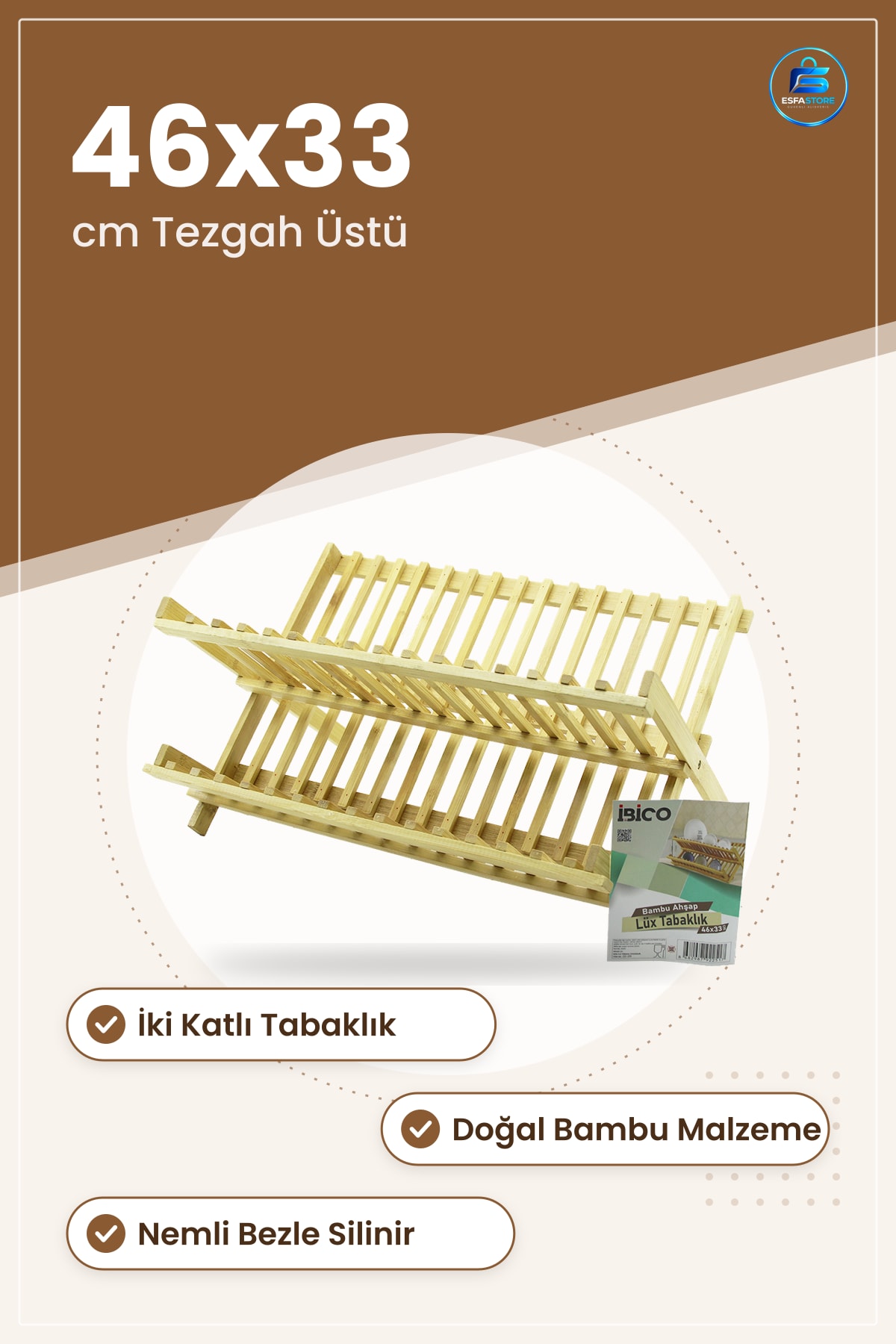 Bambu Tezgah Üstü Bulaşıklık 46x33 cm Tabaklık Kurutma Rafı Lüx Mutfak Düzenleyici Ahşap