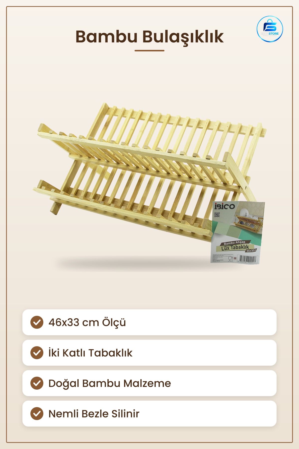 Bambu Tezgah Üstü Bulaşıklık 46x33 cm Tabaklık Kurutma Rafı Lüx Mutfak Düzenleyici Ahşap