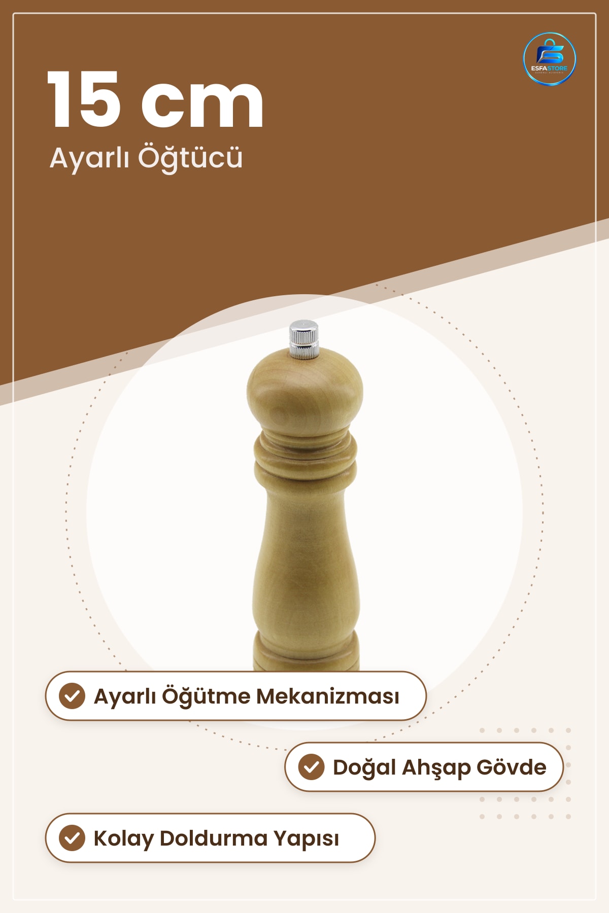 Ahşap Tuz Biber Değirmeni 15 cm Ayarlı Öğütme Mekanizmalı Doğal Mutfak Sofra Baharat Öğütücü