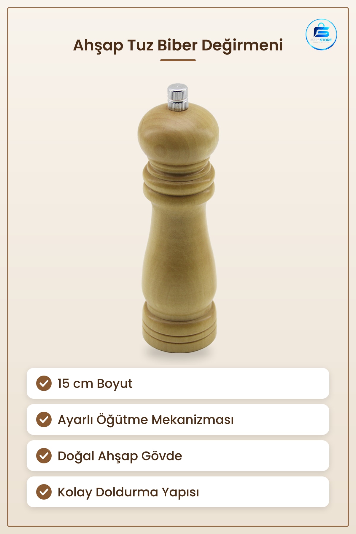 Ahşap Tuz Biber Değirmeni 15 cm Ayarlı Öğütme Mekanizmalı Doğal Mutfak Sofra Baharat Öğütücü