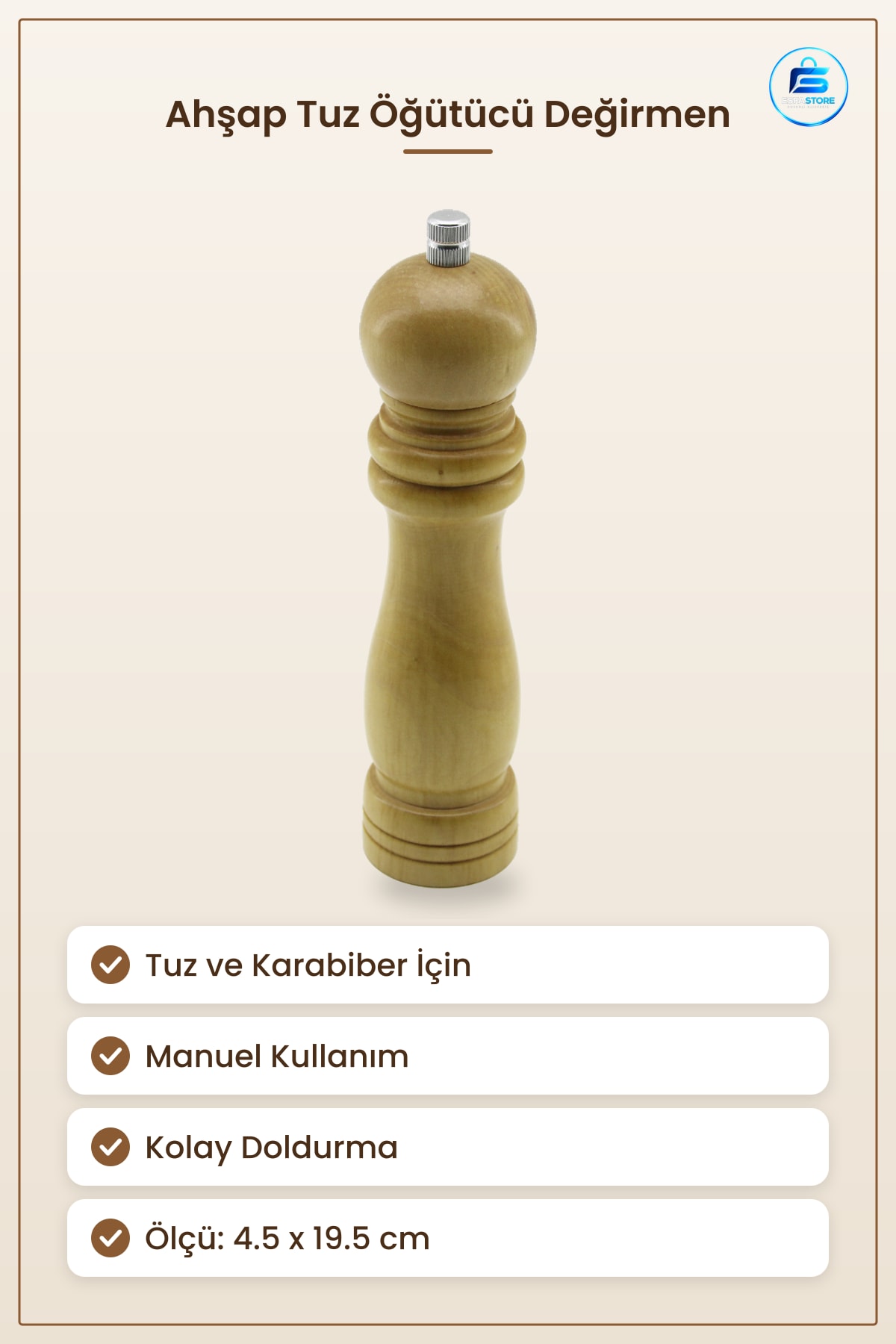 Ahşap Tuz ve Baharat Öğütücü Değirmen 4.5 x 19.5 cm Manuel Karabiber Mutfak Kolay Doldurma