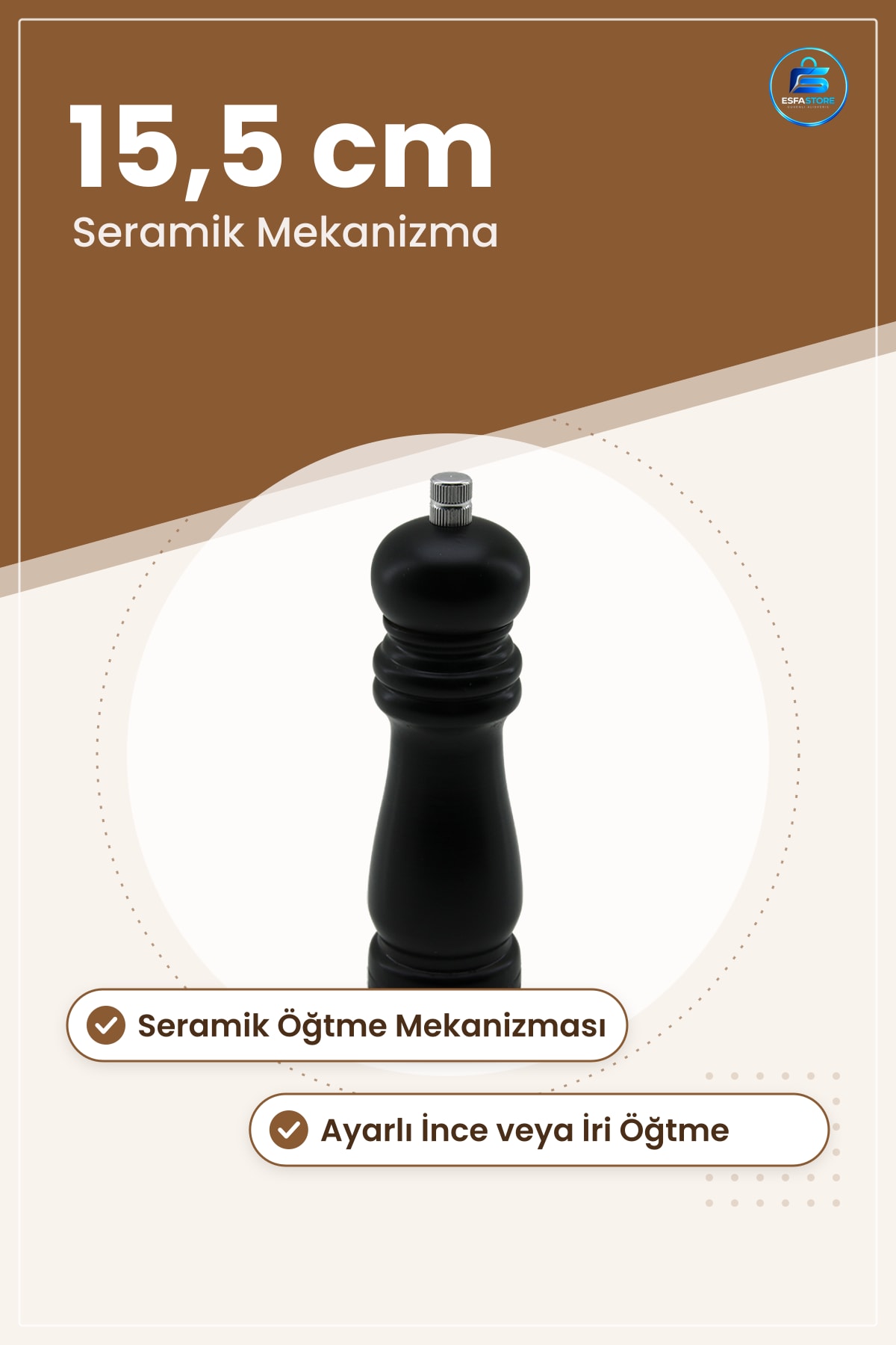 Küçük Siyah Ahşap Tuz Baharat Öğütücü Çap 4,5 cm Uzunluk 15,5 Seramik Öğütme Mekanizması Sofra