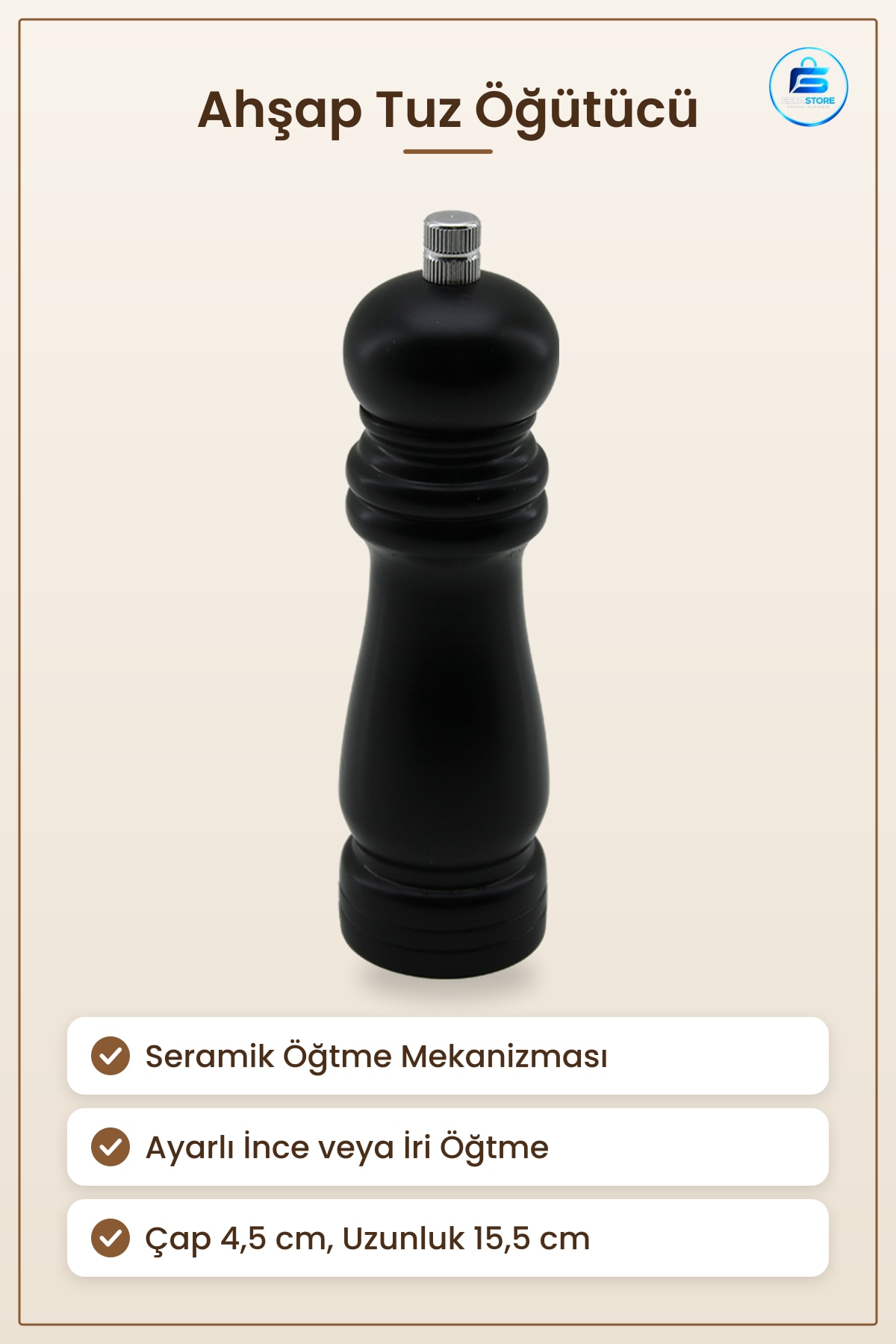 Küçük Siyah Ahşap Tuz Baharat Öğütücü Çap 4,5 cm Uzunluk 15,5 Seramik Öğütme Mekanizması Sofra