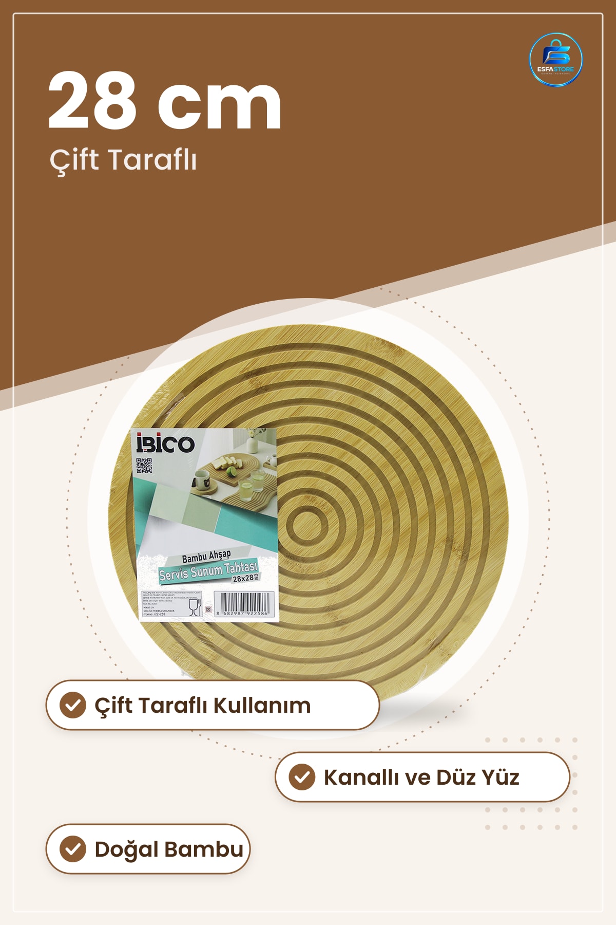 Yuvarlak 28 cm Bambu Kesme Tahtası Çift Taraflı Düz ve Kanallı Servis Sunum Mutfak Peynir