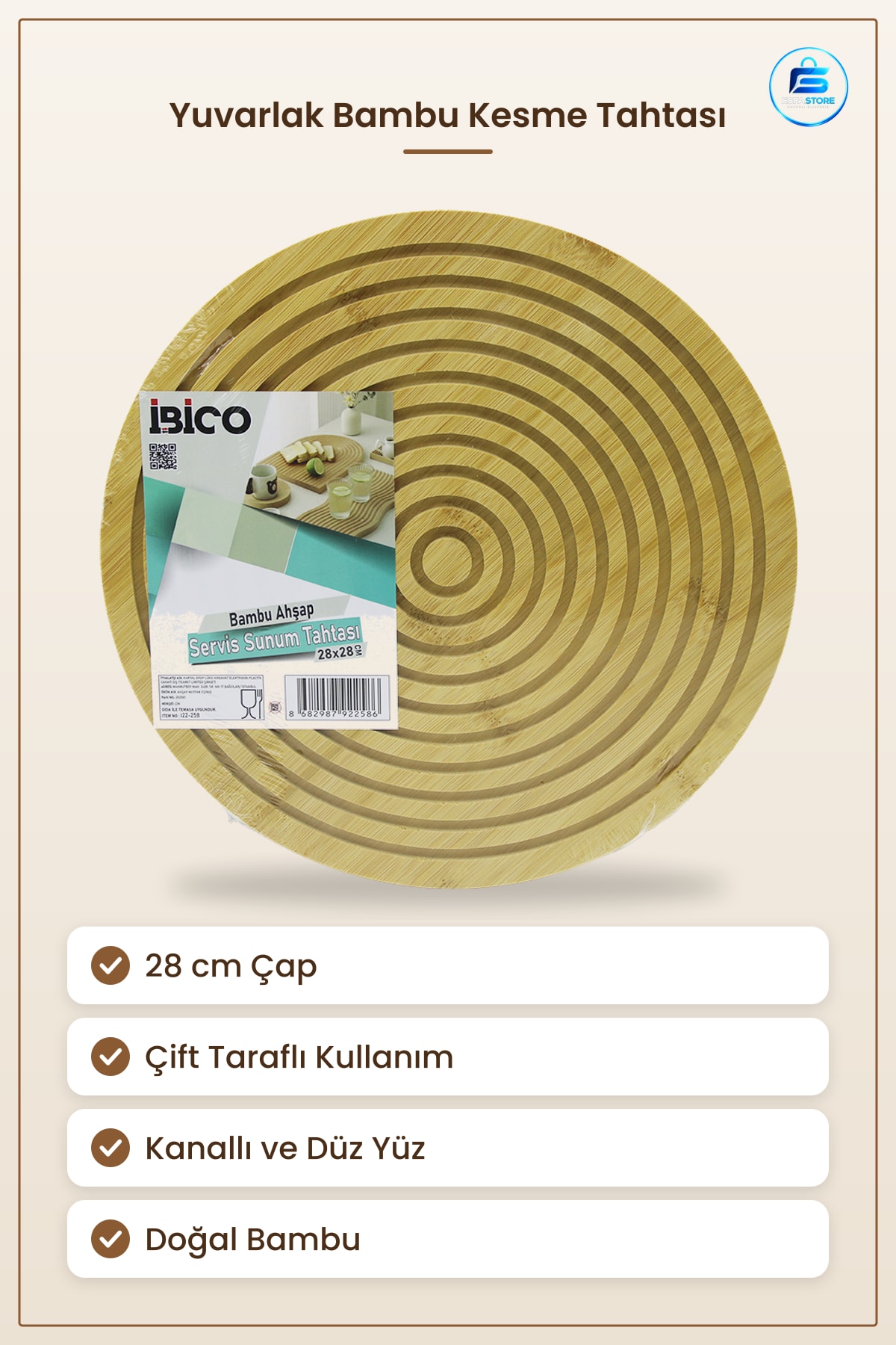 Yuvarlak 28 cm Bambu Kesme Tahtası Çift Taraflı Düz ve Kanallı Servis Sunum Mutfak Peynir