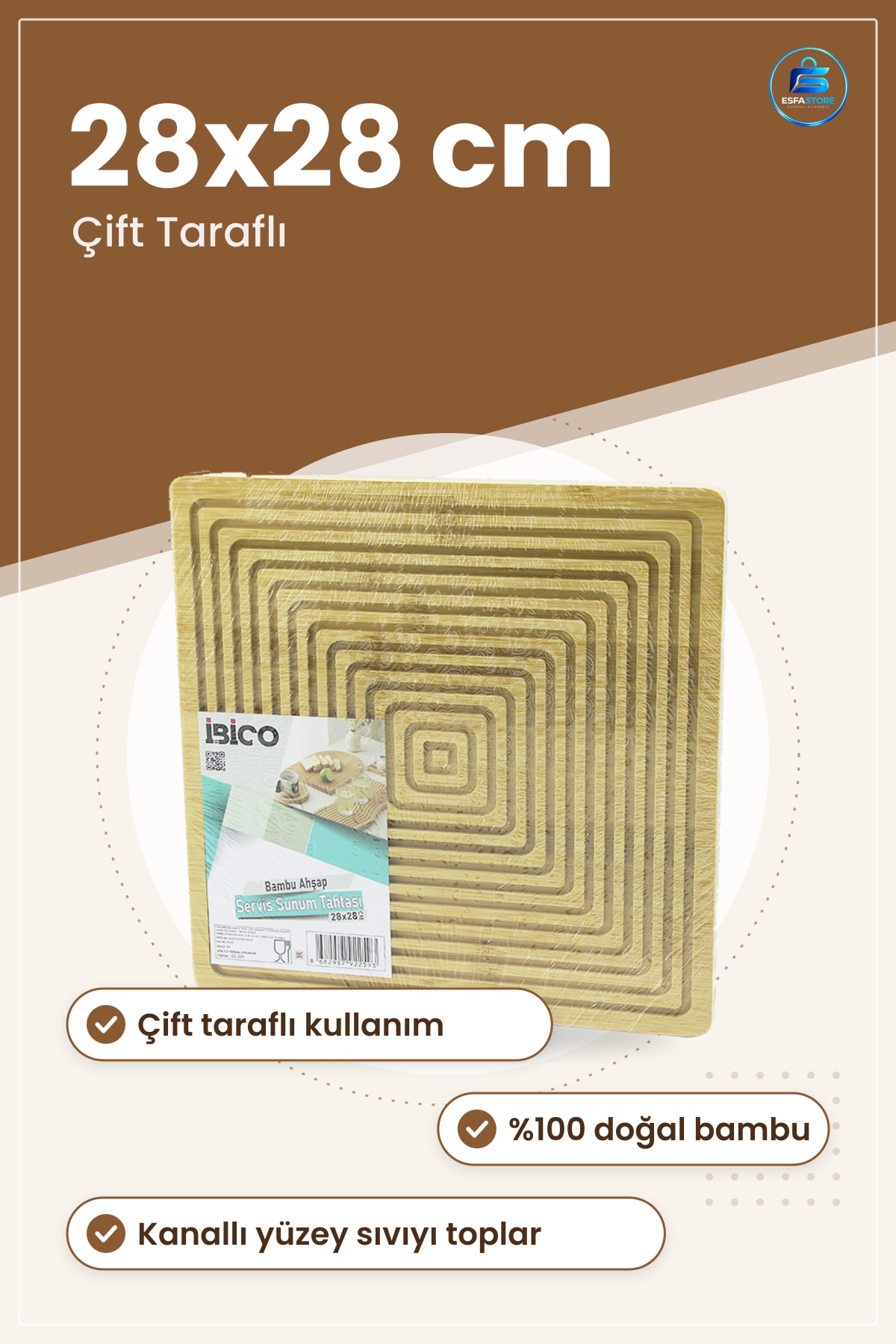 Doğal Bambu Kesme Tahtası Servis Tabağı 28x28 cm Çift Taraflı Mutfak Sunum Panosu Restoran
