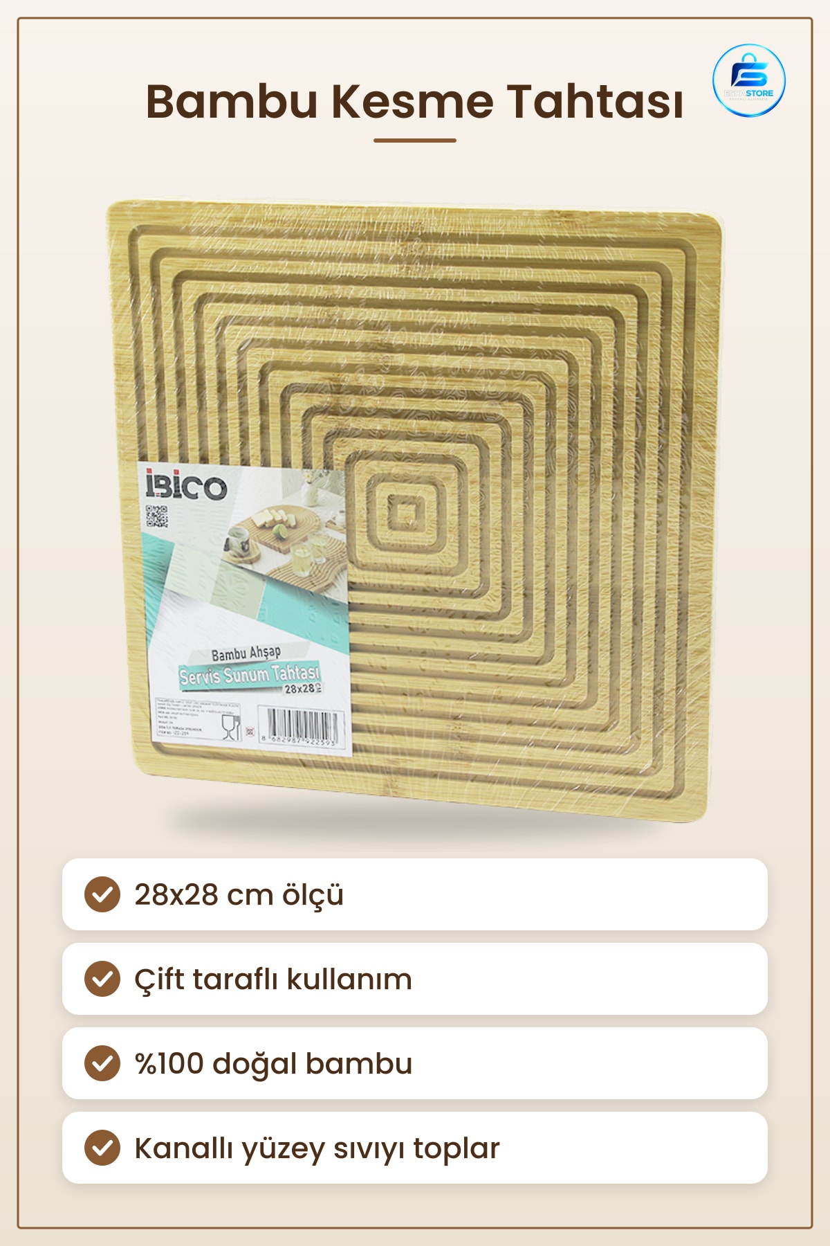 Doğal Bambu Kesme Tahtası Servis Tabağı 28x28 cm Çift Taraflı Mutfak Sunum Panosu Restoran