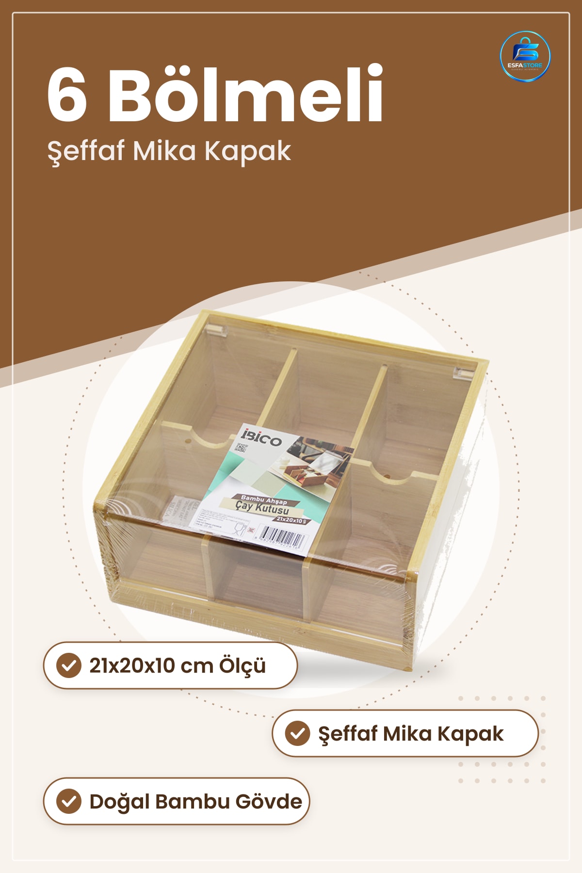 Bambu Çay Kutusu 6 Bölmeli 21x20x10 cm Şeffaf Mika Kapaklı Poşet Saklama Mutfak Düzenleyici