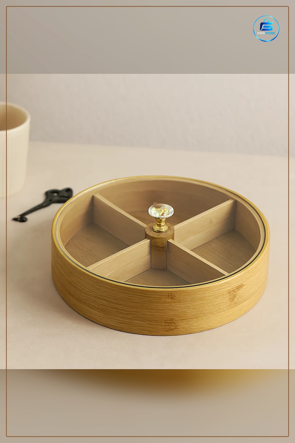 Bambu Yuvarlak Servis Sunum Kutusu 4 Bölmeli Kapaklı 22 cm Kuruyemiş Çerez Lokum Atıştırmalık