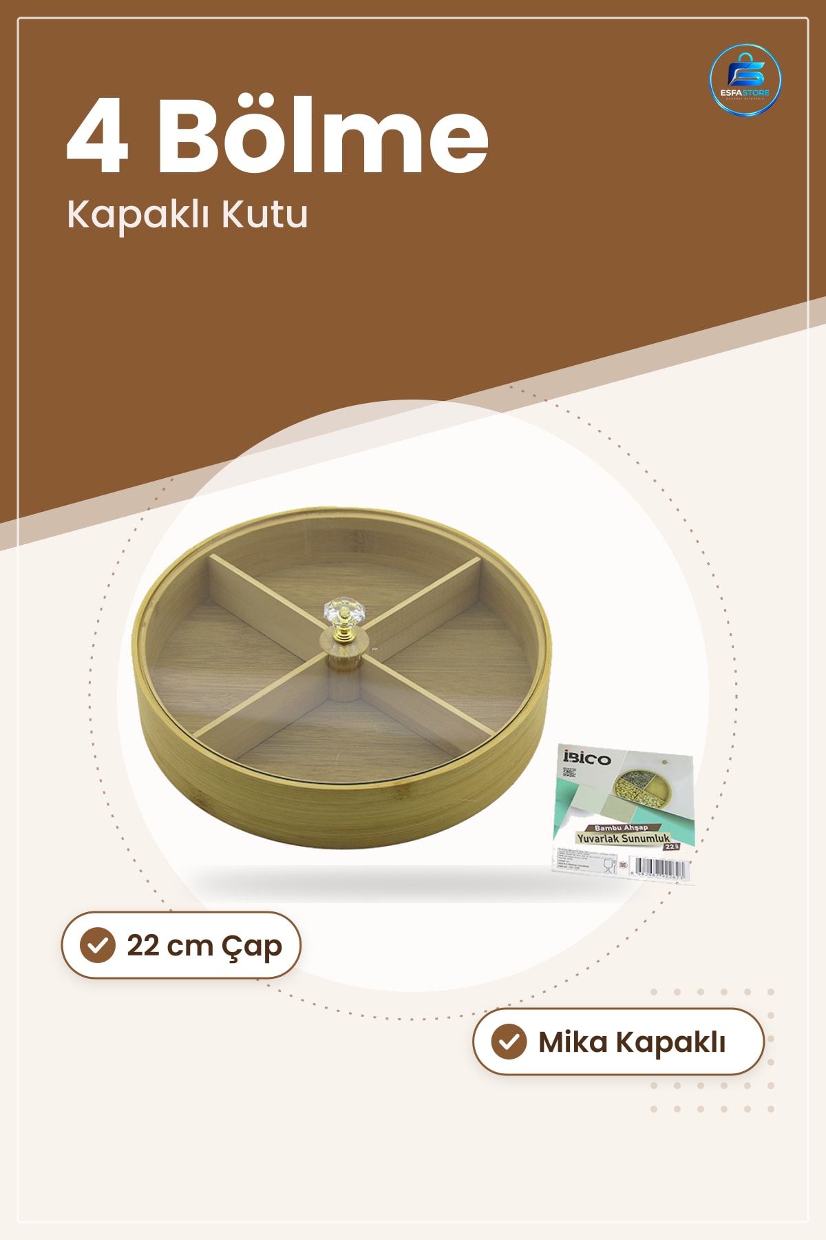 Bambu Yuvarlak Servis Sunum Kutusu 4 Bölmeli Kapaklı 22 cm Kuruyemiş Çerez Lokum Atıştırmalık