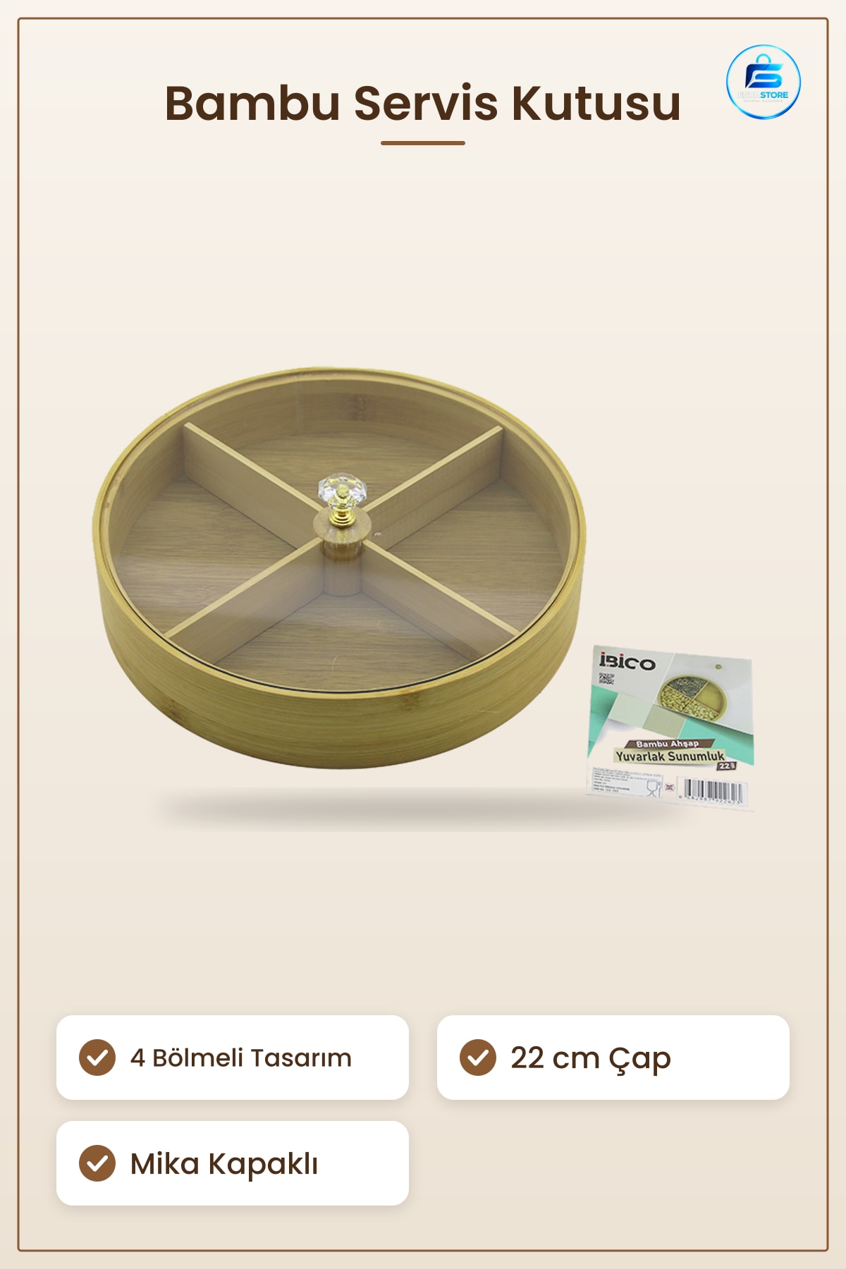 Bambu Yuvarlak Servis Sunum Kutusu 4 Bölmeli Kapaklı 22 cm Kuruyemiş Çerez Lokum Atıştırmalık