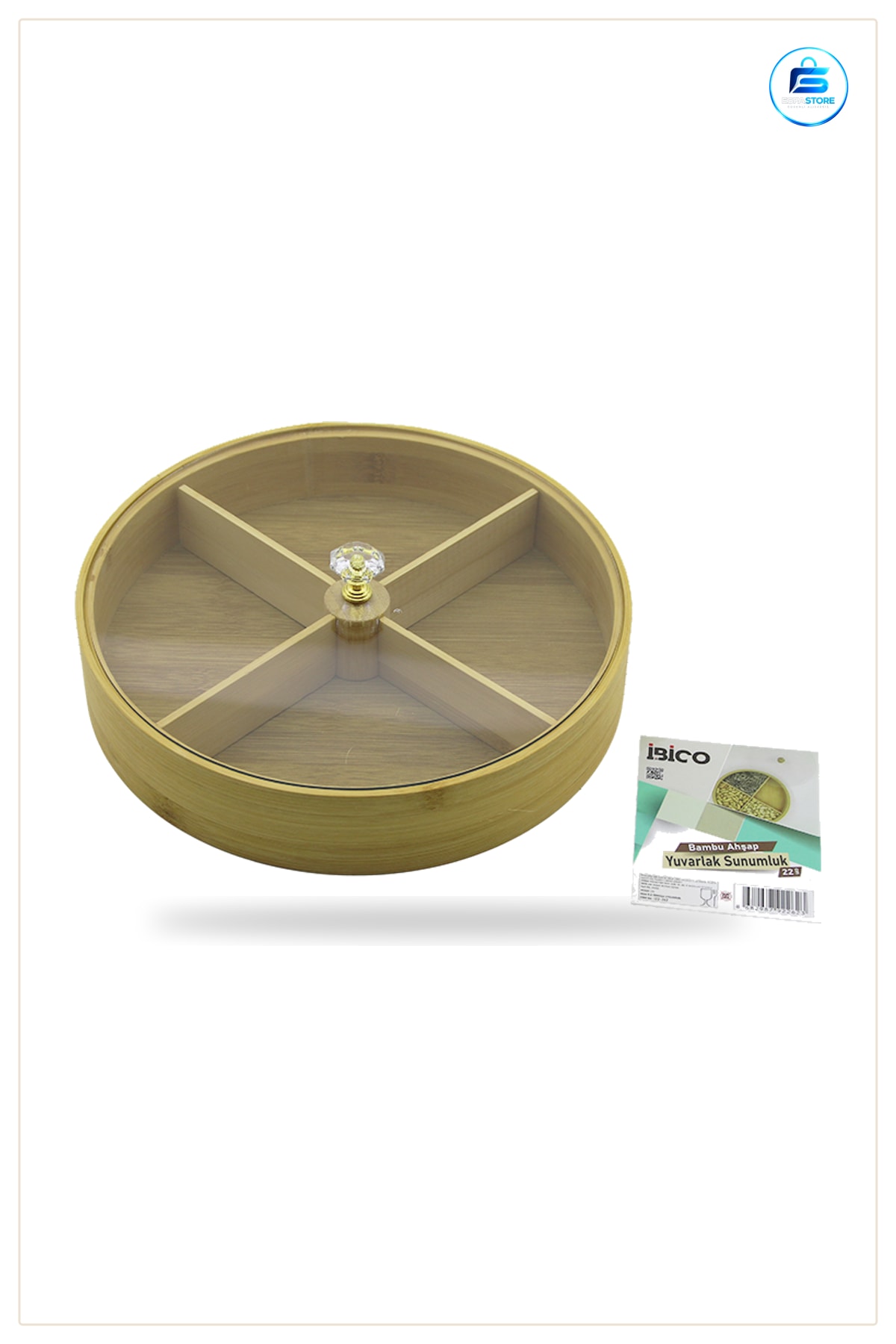 Bambu Yuvarlak Servis Sunum Kutusu 4 Bölmeli Kapaklı 22 cm Kuruyemiş Çerez Lokum Atıştırmalık