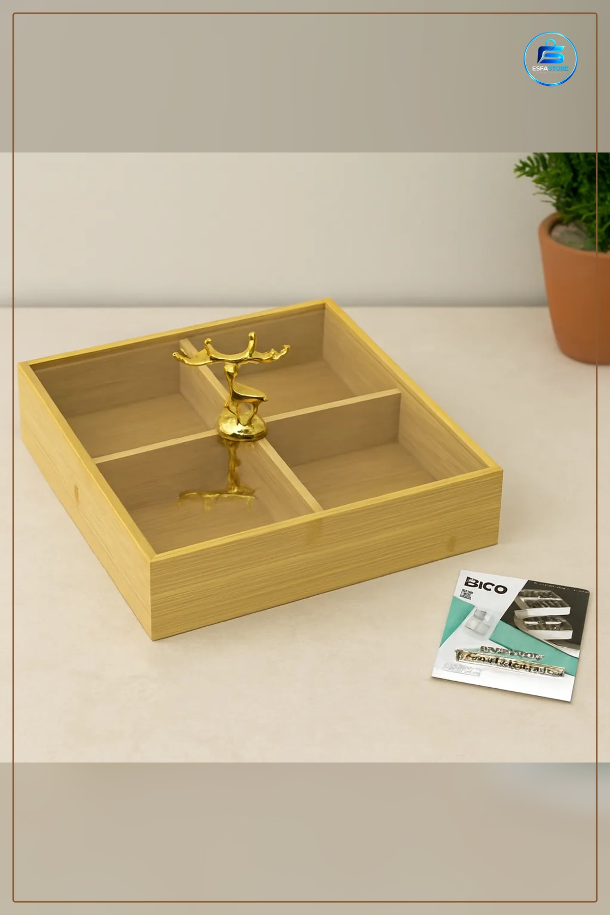 Bambu Servis Tepsi 4 Bölmeli 22x22x5 cm Kare Sunumluk Kuruyemiş Çerez Lokum Sofra Mutfak