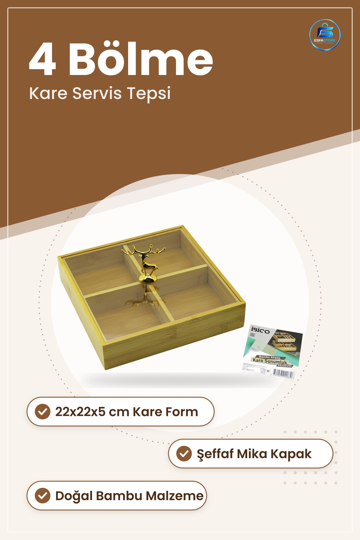 Bambu Servis Tepsi 4 Bölmeli 22x22x5 cm Kare Sunumluk Kuruyemiş Çerez Lokum Sofra Mutfak