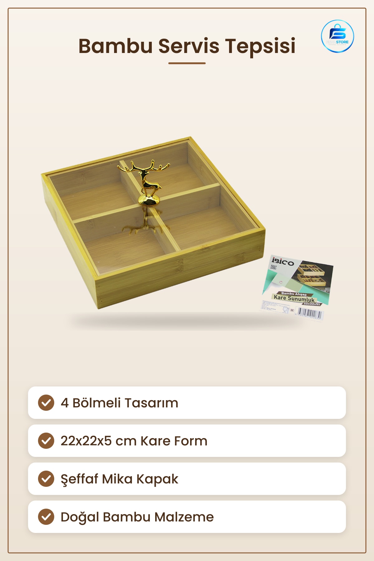 Bambu Servis Tepsi 4 Bölmeli 22x22x5 cm Kare Sunumluk Kuruyemiş Çerez Lokum Sofra Mutfak
