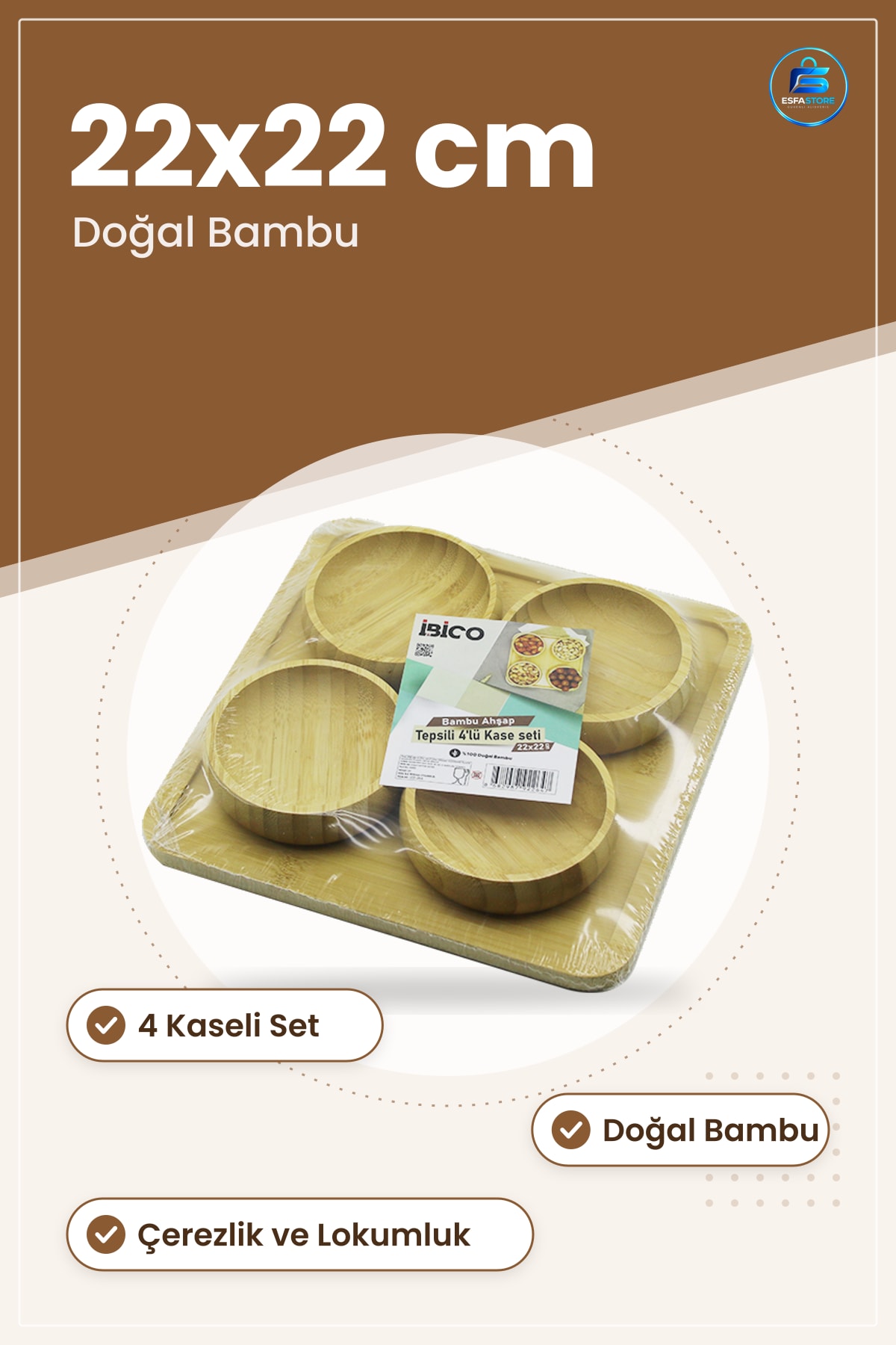 Kase Seti Tepsili 4lü Bambu 22x22 cm Çerezlik ve Lokumluk Atıştırmalık Sunum Tepsisi