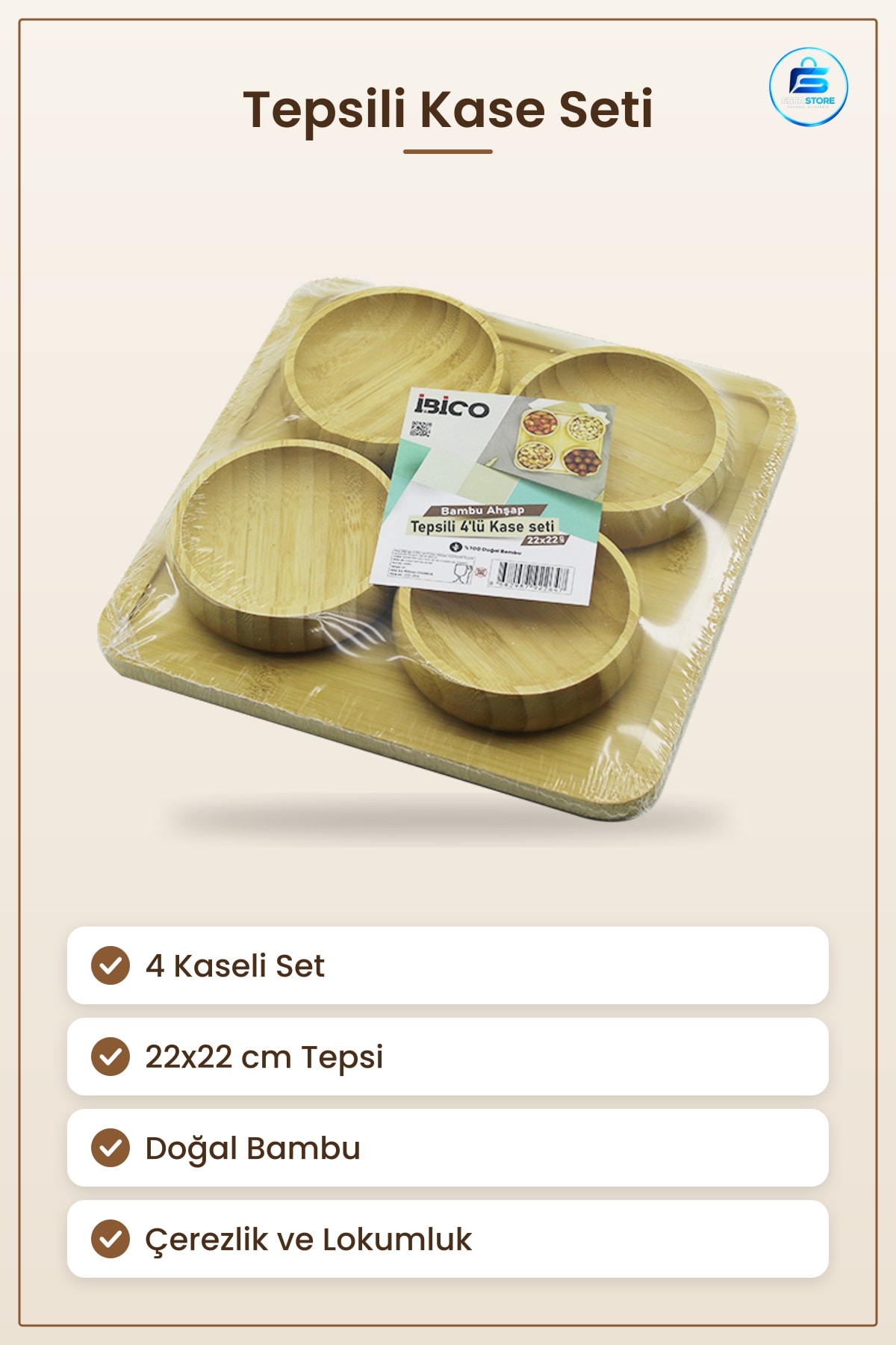 Kase Seti Tepsili 4lü Bambu 22x22 cm Çerezlik ve Lokumluk Atıştırmalık Sunum Tepsisi