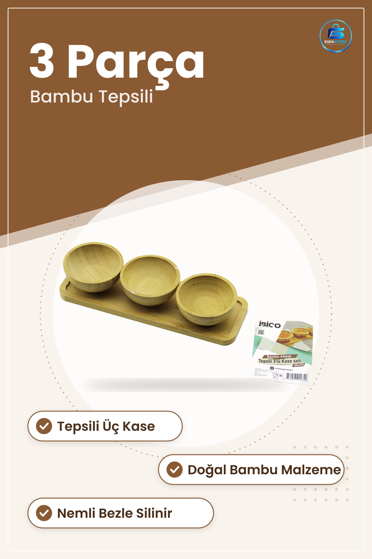 Bambu Tepsili Çerezlik Lokumluk Servis Seti 3 Parça Kase Sunum Atıştırmalık Kuruyemiş Ev Ofis