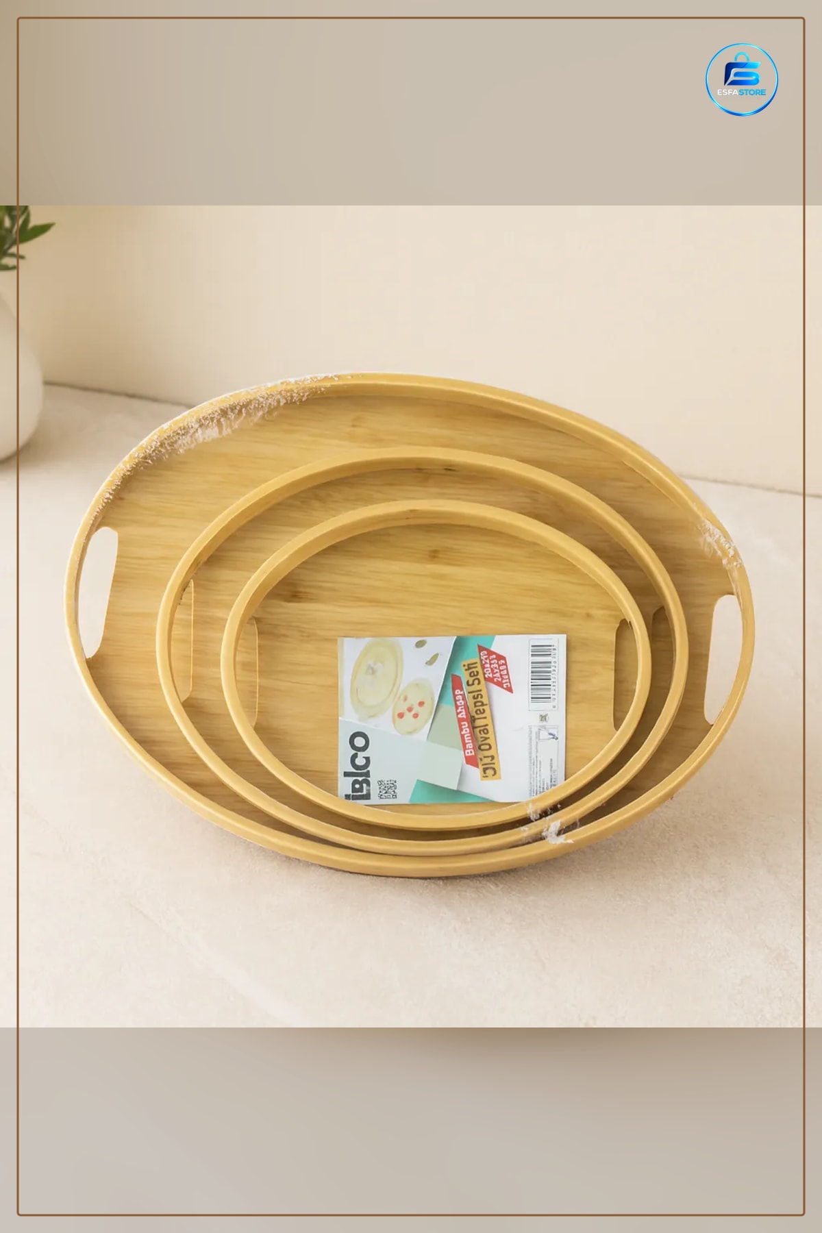 Bambu Ahşap Oval Tepsi Seti 3 Parça Kulplı Kahvaltı Çay Kahve Servis Sunum Tepsisi Mutfak Dekoratif