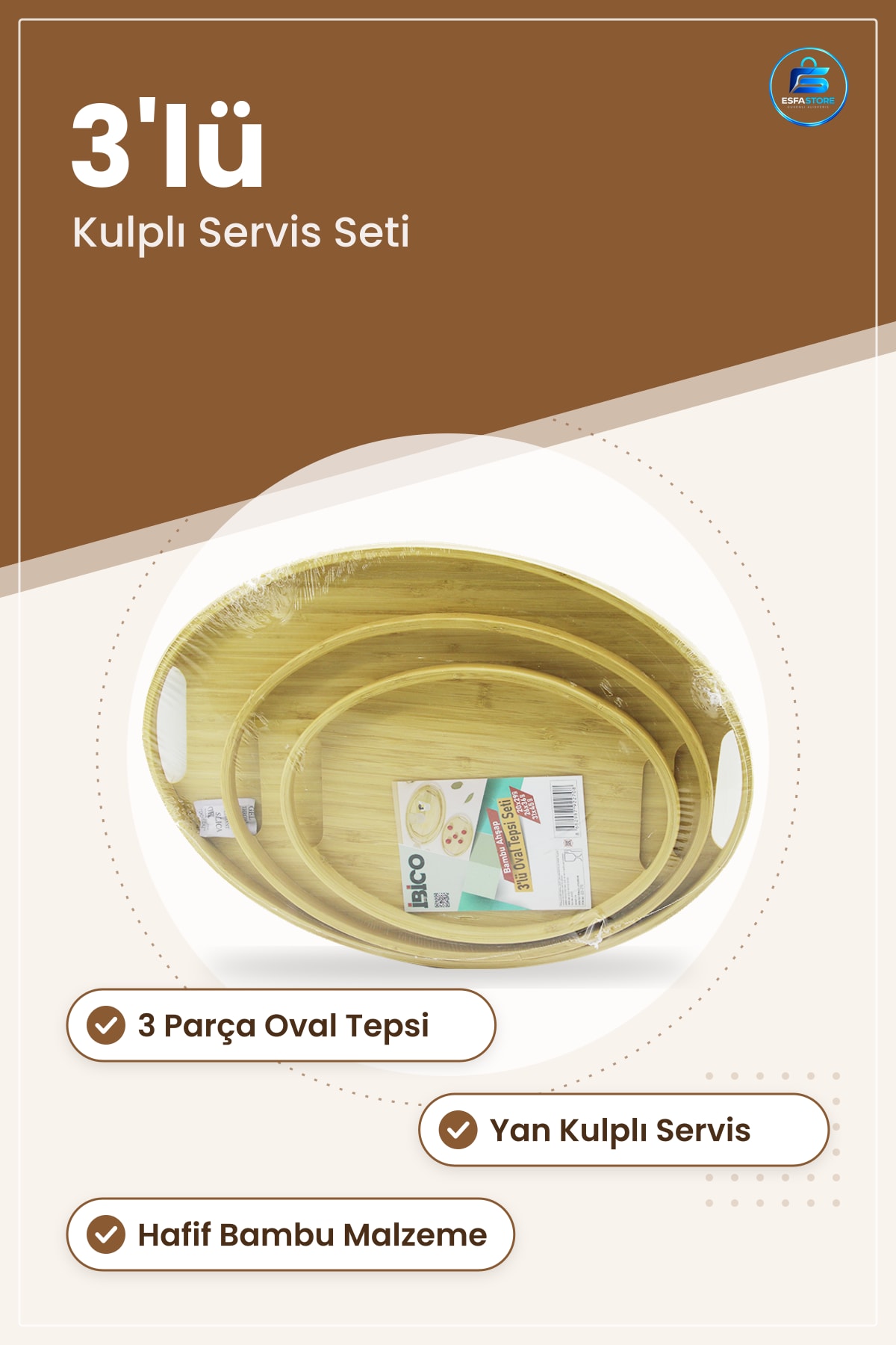 Bambu Ahşap Oval Tepsi Seti 3 Parça Kulplı Kahvaltı Çay Kahve Servis Sunum Tepsisi Mutfak Dekoratif
