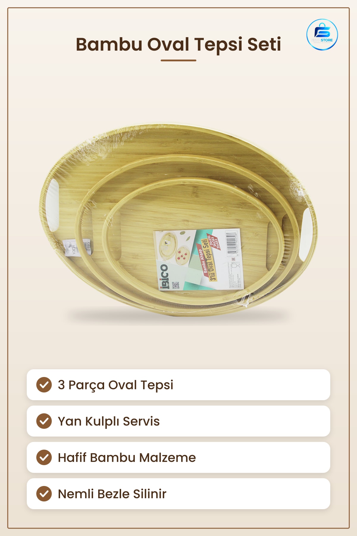 Bambu Ahşap Oval Tepsi Seti 3 Parça Kulplı Kahvaltı Çay Kahve Servis Sunum Tepsisi Mutfak Dekoratif
