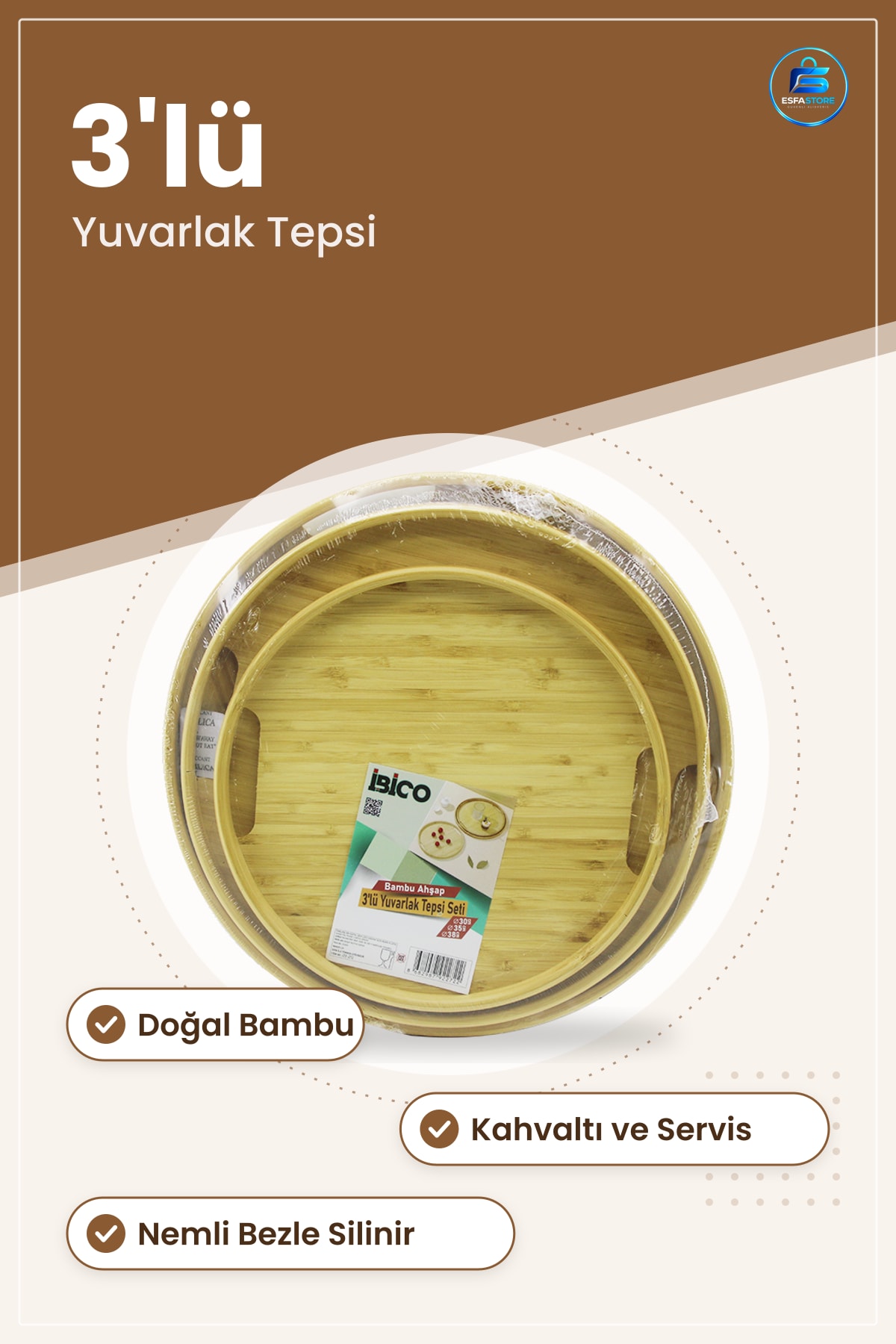 Bambu Ahşap Yuvarlak Tepsi Seti 3'lü Kahvaltı Servis Sunum Mutfak Salon Dekorasyon Doğal