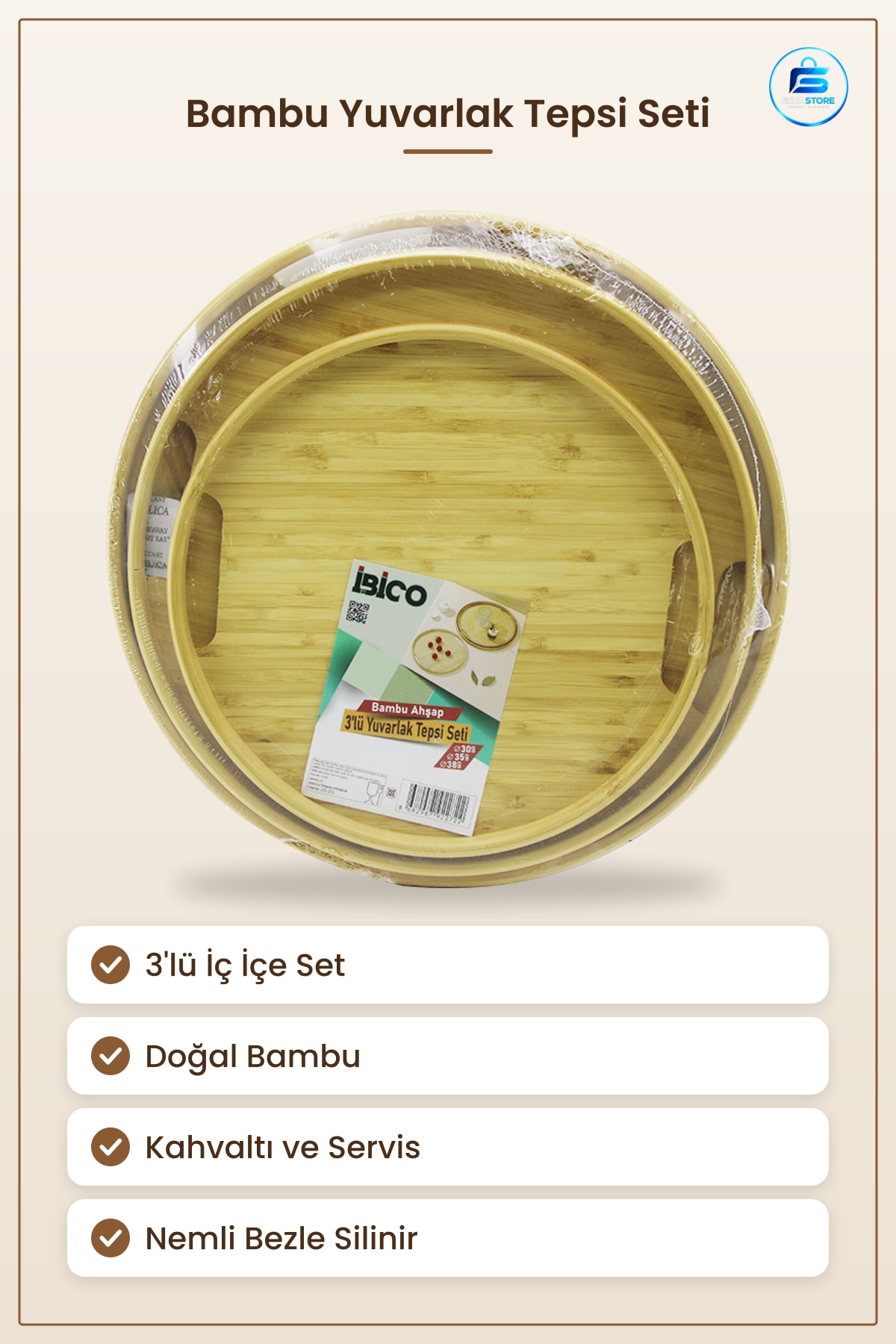 Bambu Ahşap Yuvarlak Tepsi Seti 3'lü Kahvaltı Servis Sunum Mutfak Salon Dekorasyon Doğal