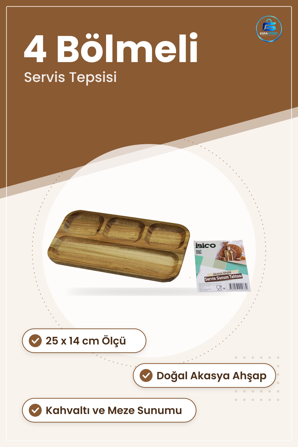 Tepsi Akasya Ahşap Servis Sunum 4 Bölmeli 25x14 cm Kahvaltı Mezelik Mutfak Dekoratif Doğal