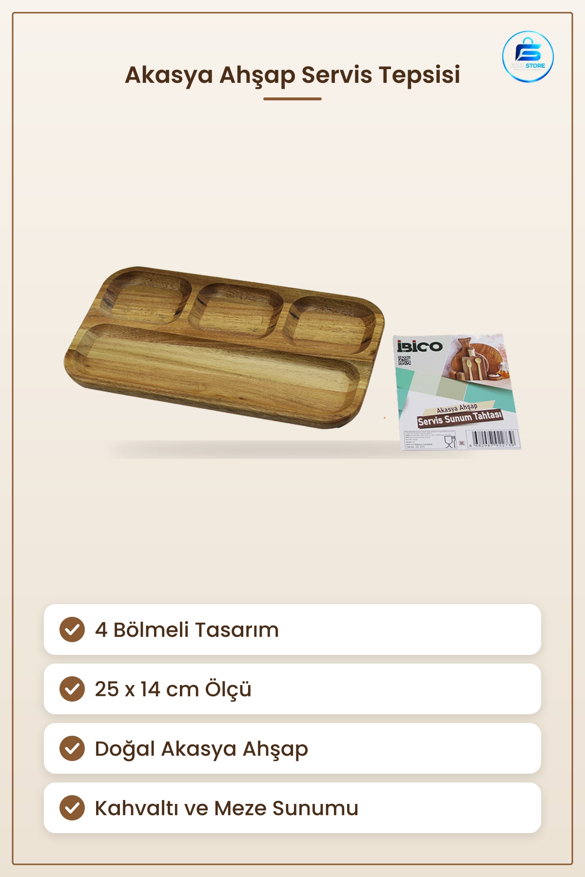 Tepsi Akasya Ahşap Servis Sunum 4 Bölmeli 25x14 cm Kahvaltı Mezelik Mutfak Dekoratif Doğal
