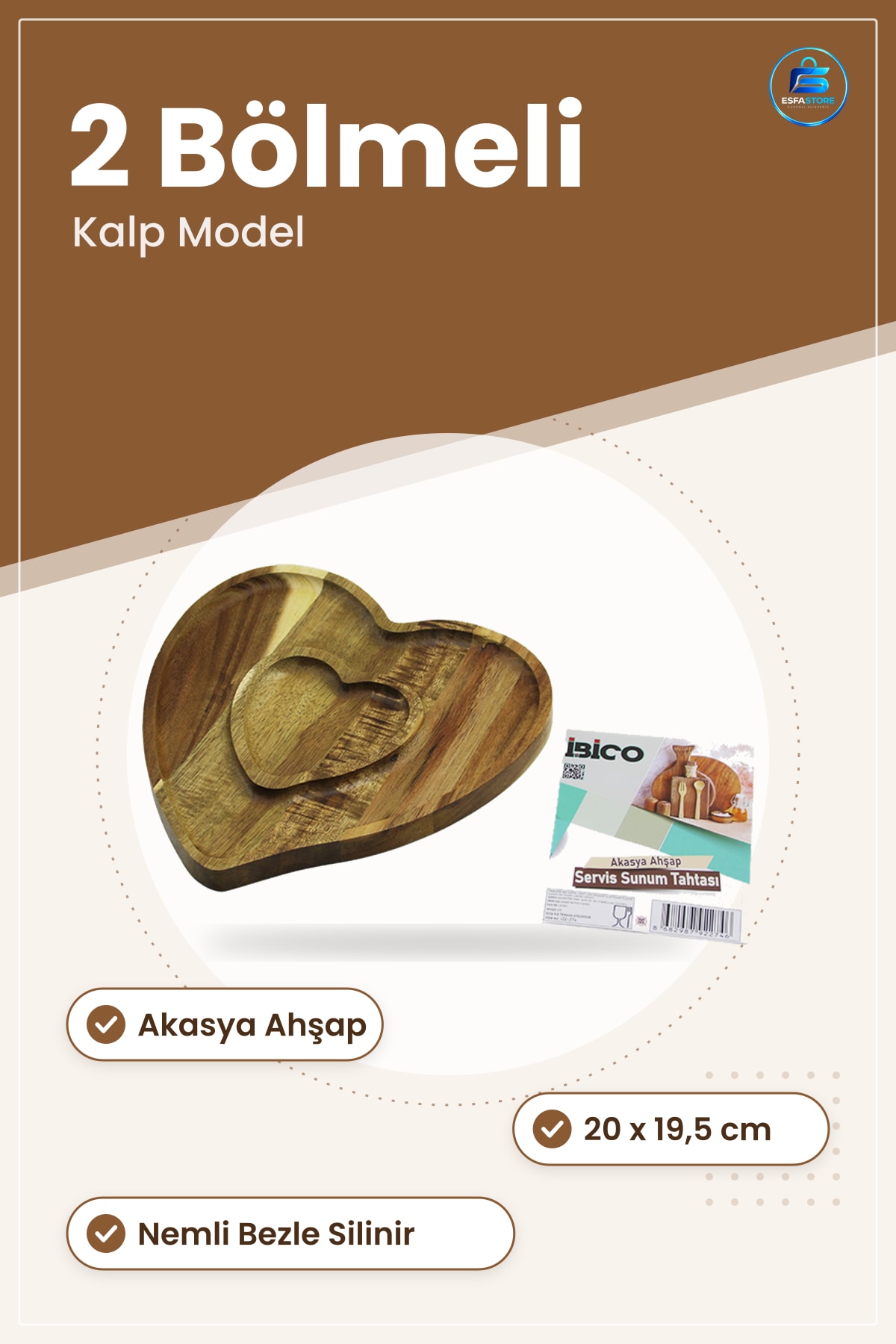 Ahşap Bambu Kalp Model Servis Tepsisi 2 Bölmeli Akasya 20x19,5 cm Aperatif Meze Peynir Sunum